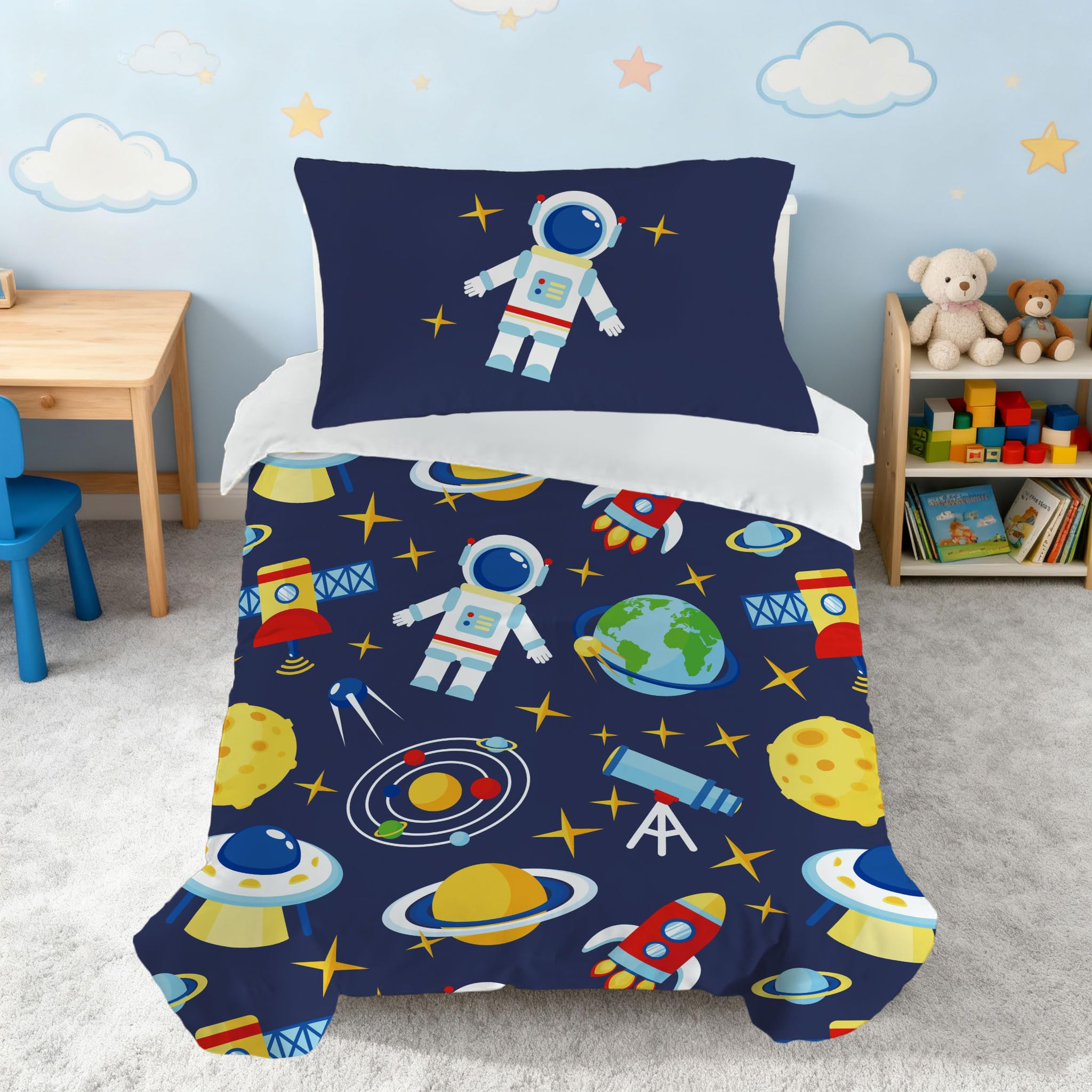 Snugoria Space Cot Bed Duvet Cover Set, Cartoon Pattern Toddler Bedding Set for Boys, Junior/Toddler/Cot Quilt Cover 120ร150 cm and Pillowcase 40x60 cm โ image 1