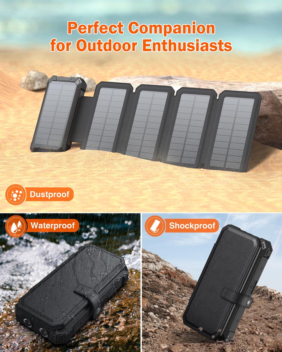 The GOODaaa Solar Charger Power Bank PN-W22PLUS with its dual LED flashlights brightly illuminated in a dark outdoor setting, demonstrating its use for camping, reading, and hiking.