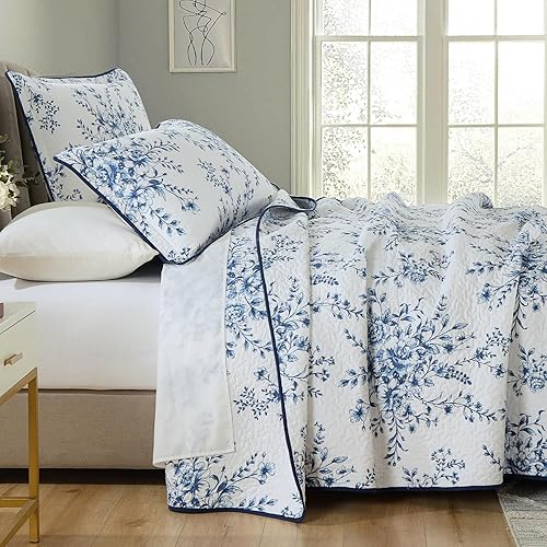 Miniatura 8 de Finlonte Colchas tamaño Queen 100% algodón ligero suave Queen Colcha Vintage Botánico Acolchado Colcha Azul Edredón Beige Floral Reversible Juego de