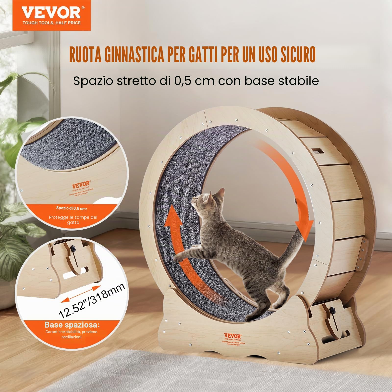 VEVOR Ruota per Esercizi per Gatti in Legno Compensato, Ruota per Tapis Roulant per Gatti 75 cm, Ruota per Corsa con Tappeto Staccabile e Teaser per Maggior Parte Gatti per Corsa Allenamento Interno