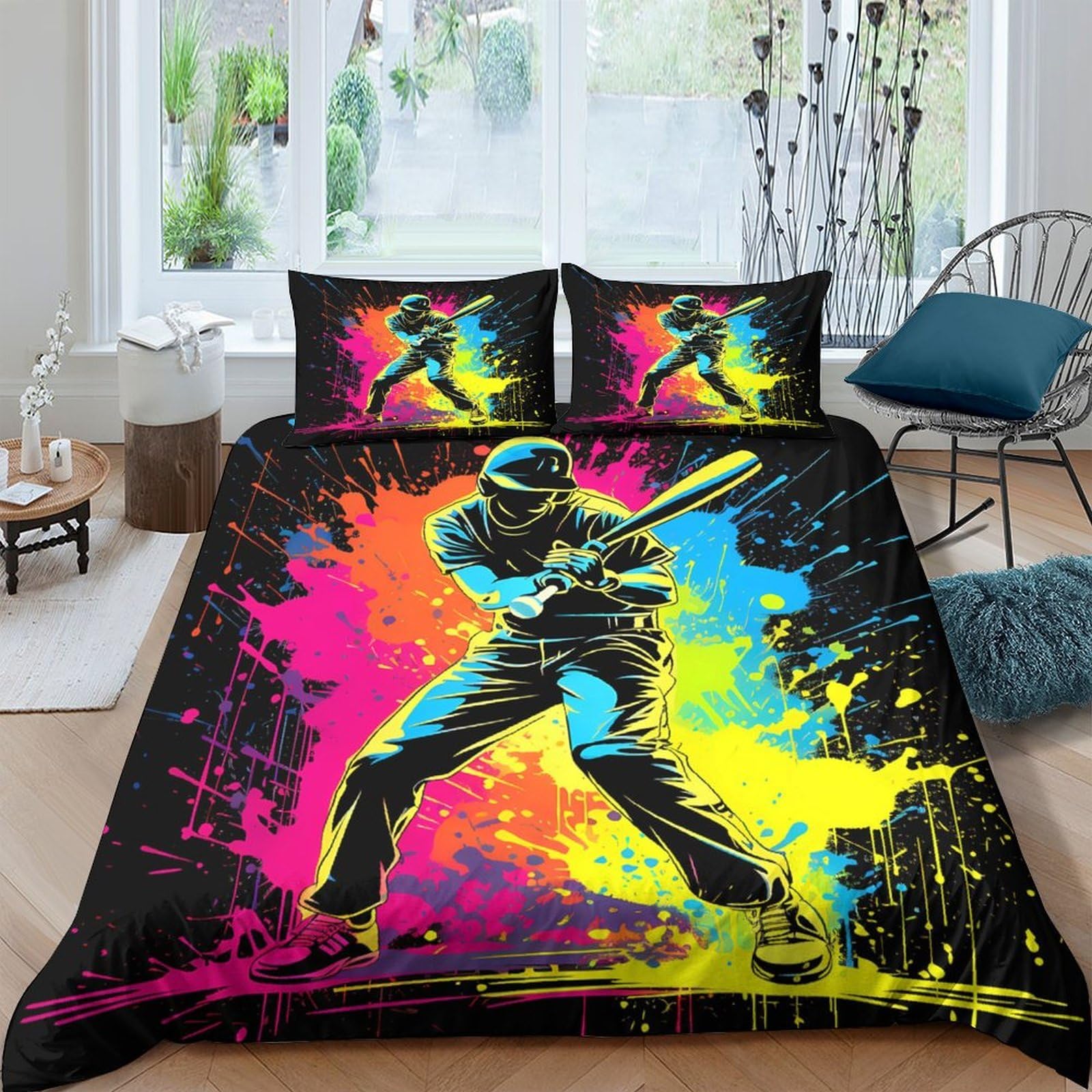 3D Printed baseball player action Bedding Cover Brushed Microfiber vibrant pop art Comforter Cover Breathable Lightweight Hypoallergenic No Iron for All Season Home Use King（220x240cm）