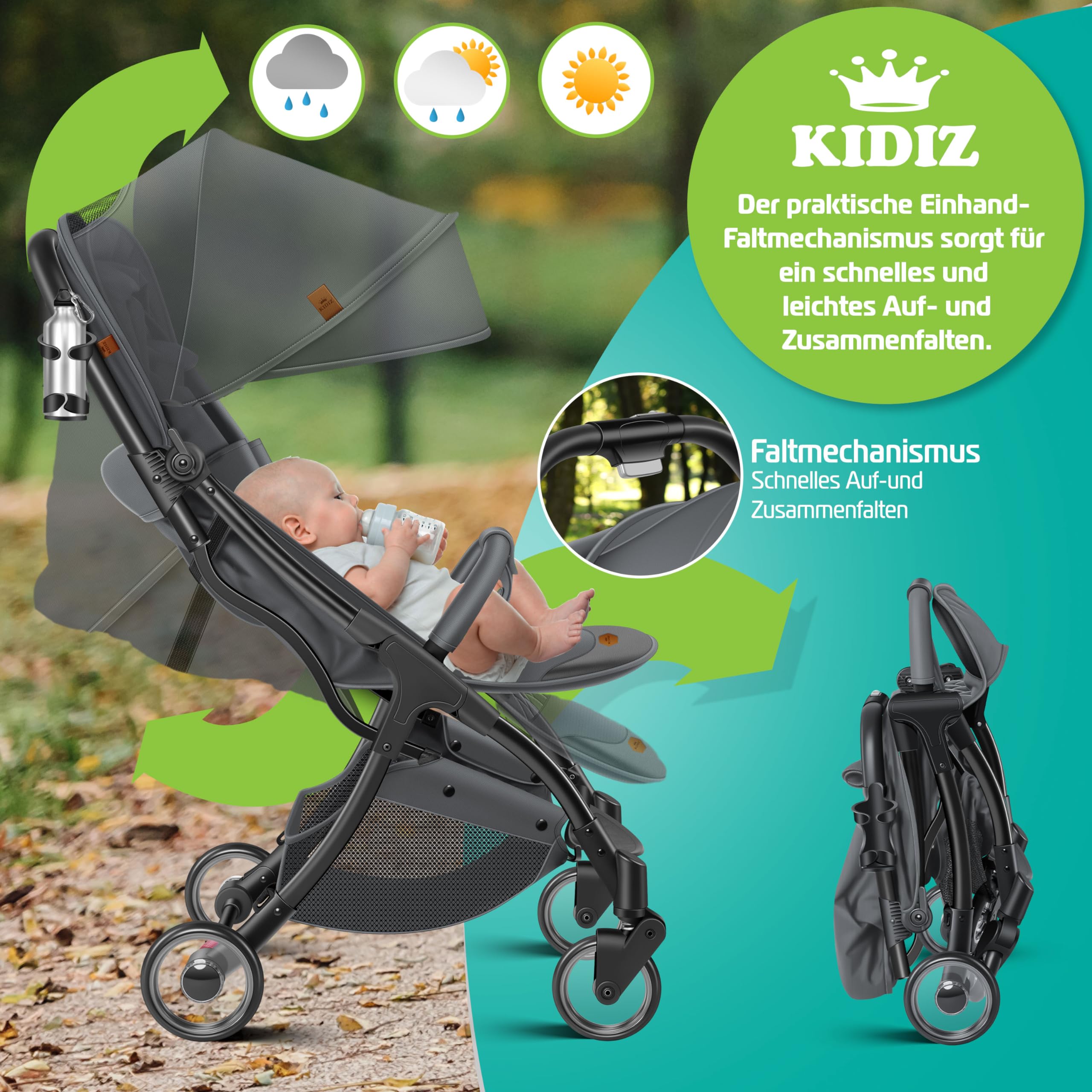 KIDIZ® Poussette Premium Pliable 360°Roues Harnais 5 Points Incl. Porte-boisson & Housse de pluie, Dossier réglable & Capote pare-soleil, Anthracite