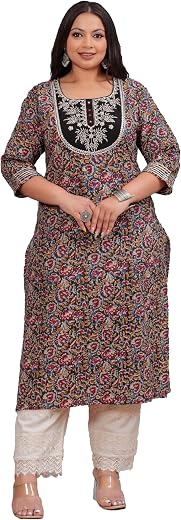 LABULY Plus Size Women Kantha Work Printed Pure Cotton Straight Kurta (Multicolor)
