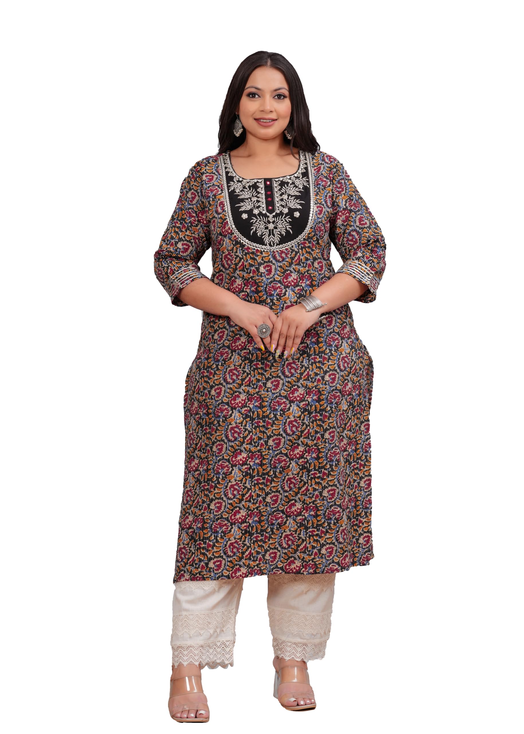 labuly Plus Size Women Kantha Work Printed Pure Cotton Straight Kurta (Multicolor)-picture-11