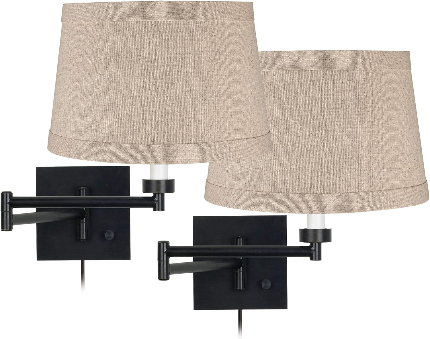 Franklin Iron Works Modern Swing Arm Wall Lamps Set of 2 Espresso Bronze Plug-in Light Fixture Dimmable Natural Linen Drum Shade for Bedroom Bedside House Reading Living Room Home Hallway Dining