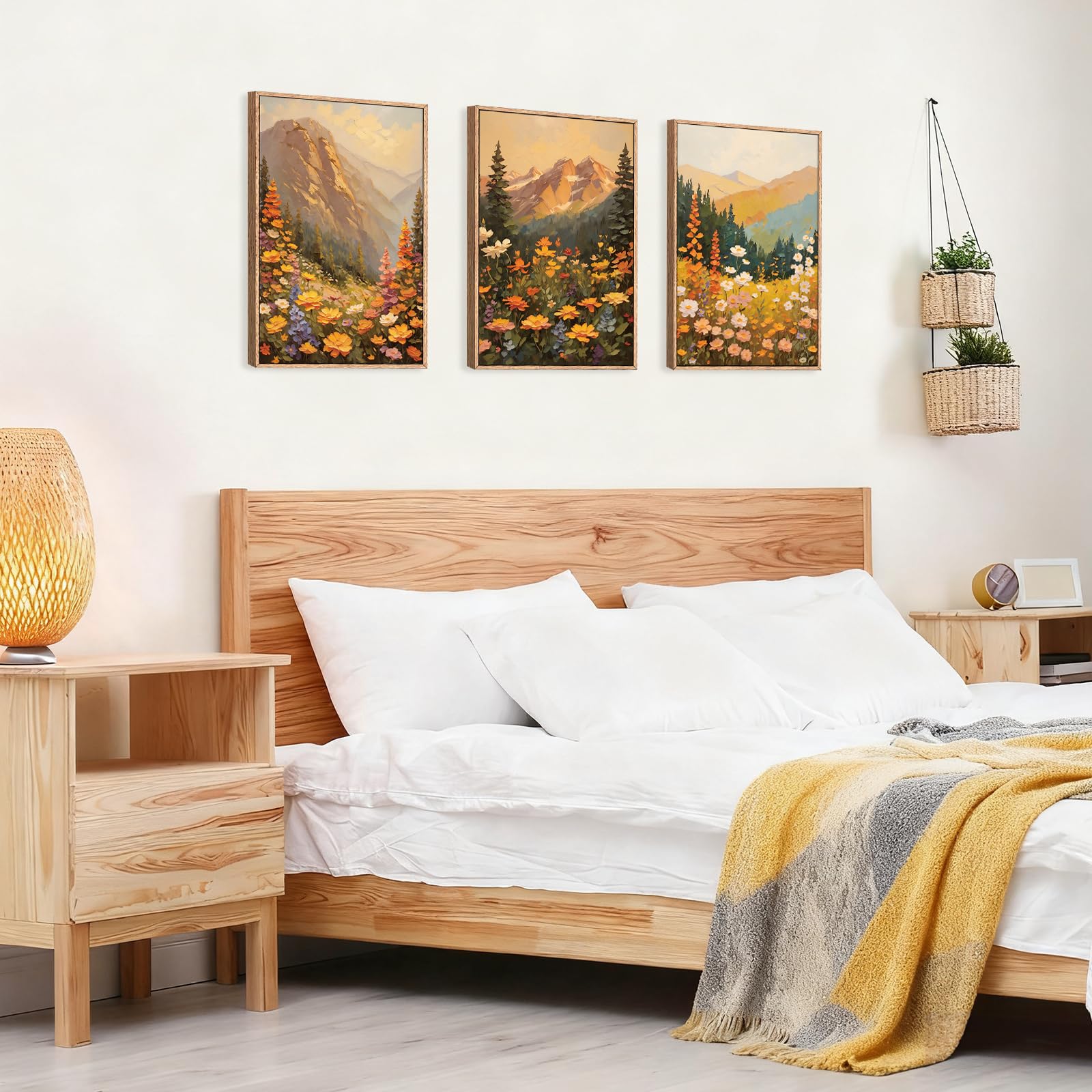 ANHUIB Boho Sunset Framed Canvas Wall Art Set of 3 Colorful Wildflower Daisy Flower Wall Decor Boho Blossom Botanical Artwork Modern Nature Mountain Landscape Art Print for Living Room Bedroom 12"x16" - Image 4
