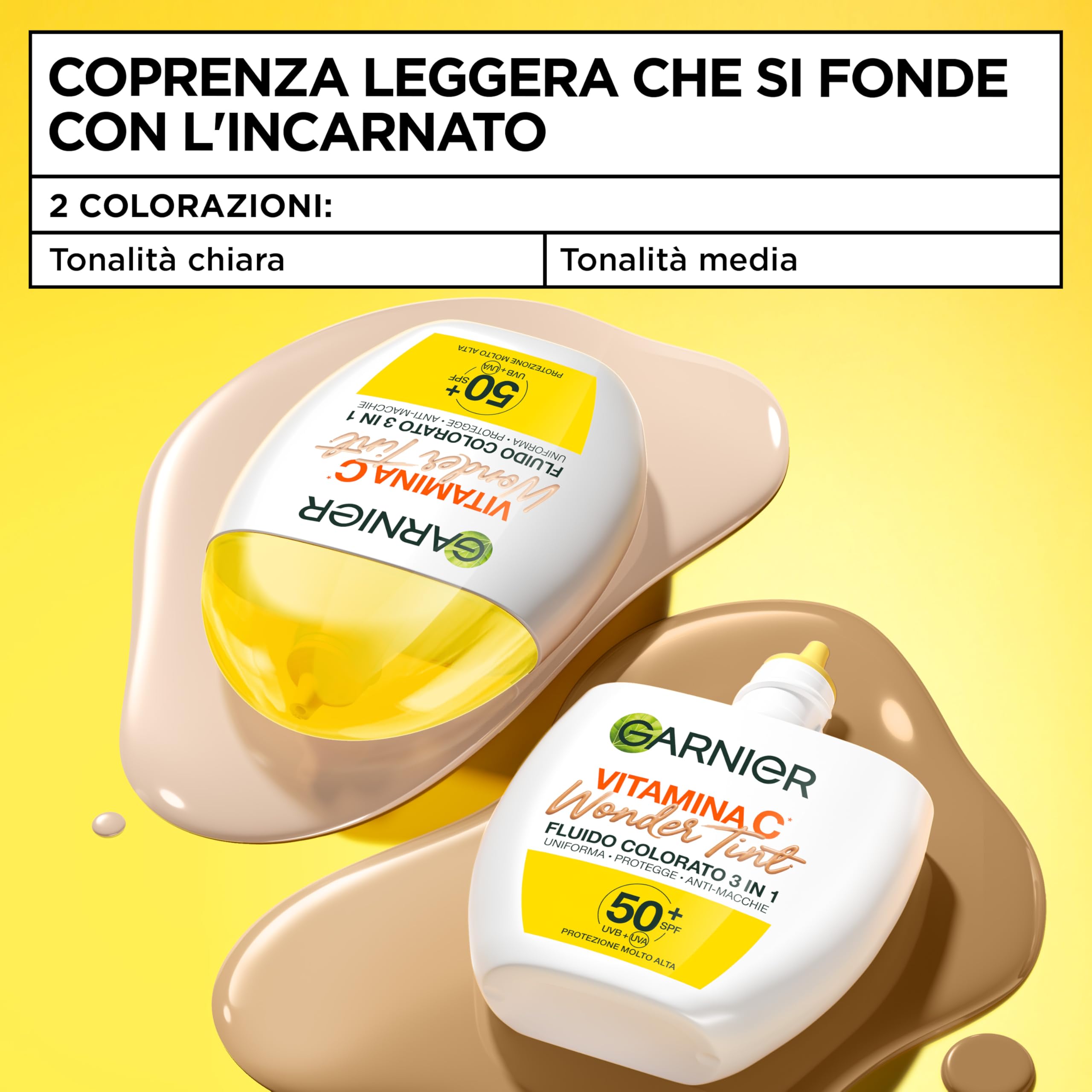 Garnier Fluido Colorato 3 in 1 Wonder Tint Vitamina C, Per Tutti i Tipi di Pelle, Protezione Solare SPF50+, Pelle Uniformata e Protetta, Macchie Ridotte, Tonalità: Medium, 40 ml