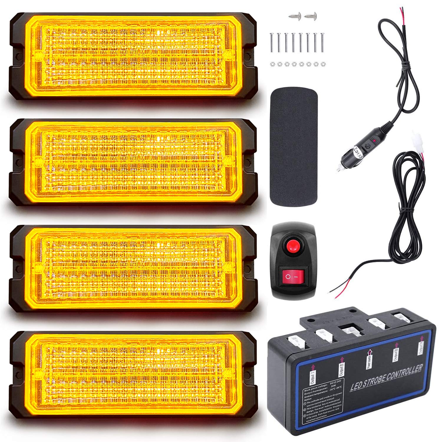 EASE2U E Led Warning Lights, 4pcs Emergency Warning Caution Hazard Construction Ultra Slim Sync Feature Car Truck With Main Control Box Surface Mount Amber Switch Control - View #6