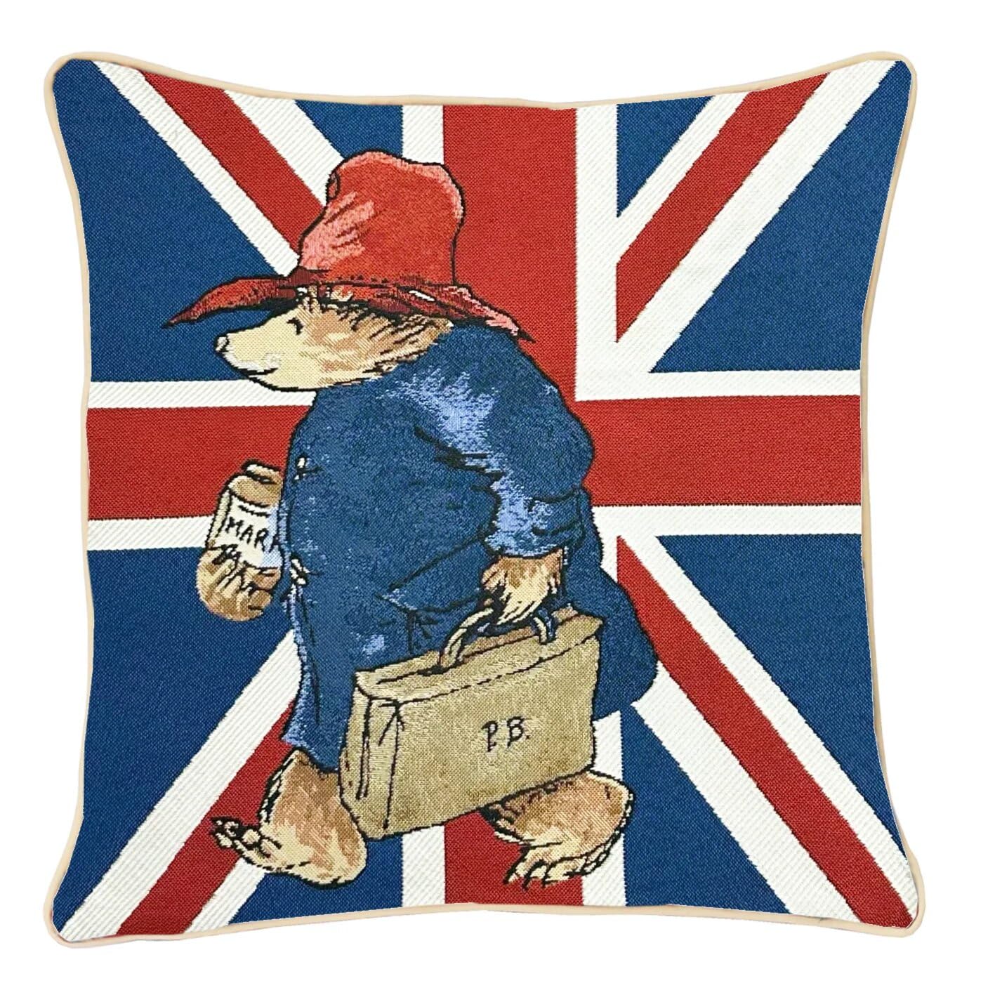 Signare Tapestry Cushion Cover - Union Jack Paddington Bear Design, 45x45cm, Double-Sided Decorative Sofa Cushion with Piped Edges