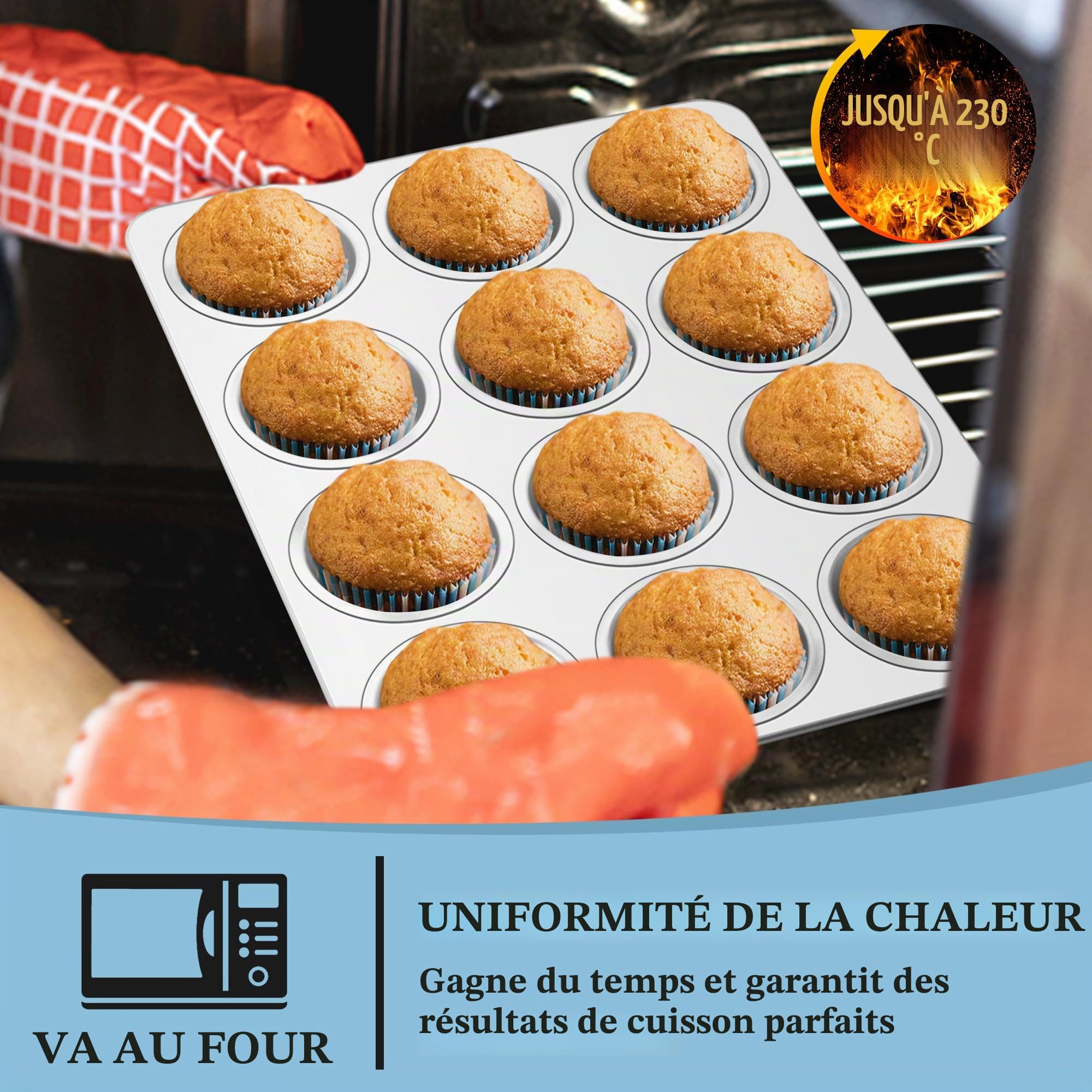 HaWare Moule à muffins en acier inoxydable pour 12 muffins, 35 x 26,5 cm, 3 cm de profondeur, grands moules à muffins pour cupcakes, brownies, gâteaux, pudding, non toxique et sain, passe au