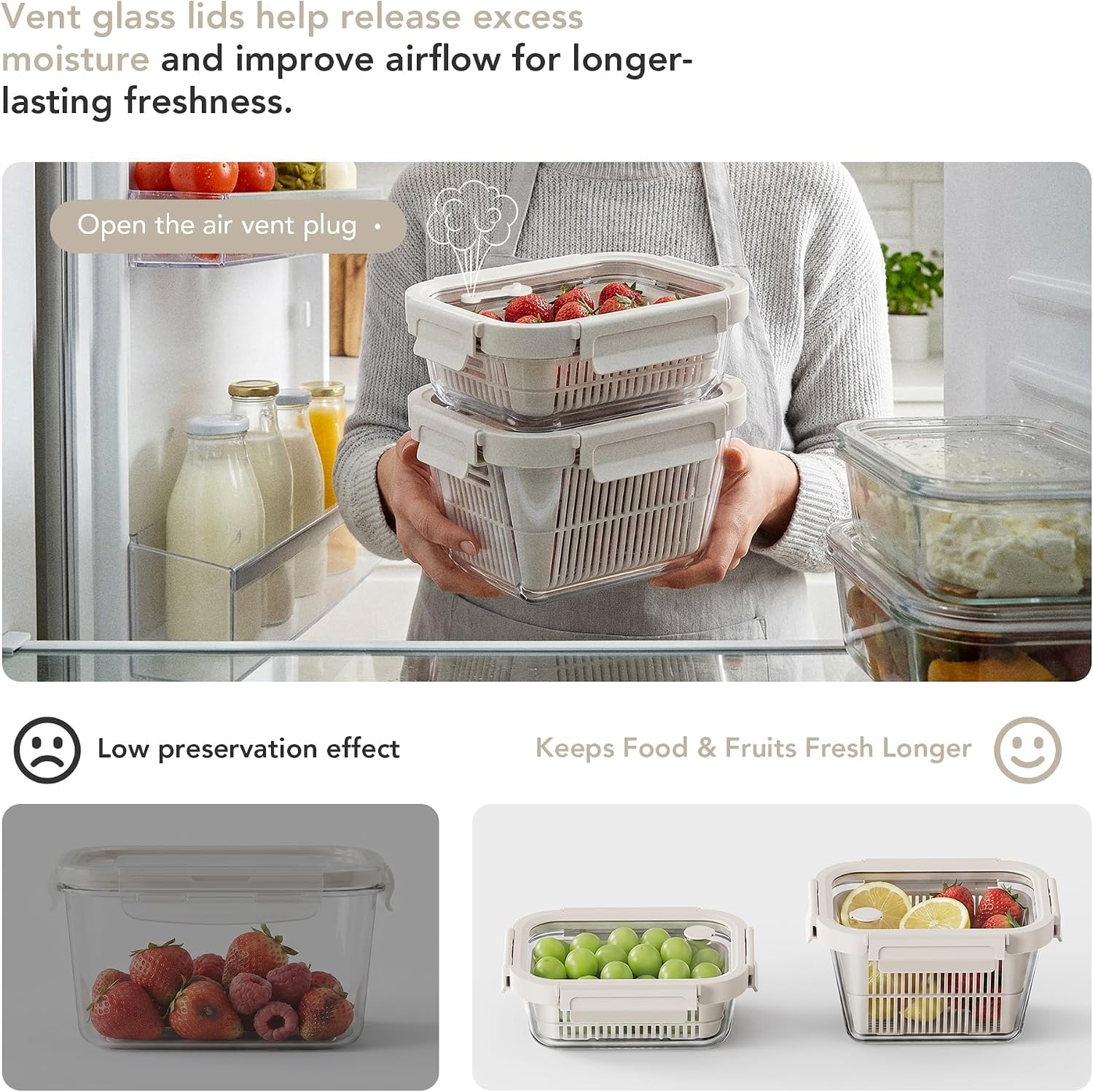 GENICOOK Récipients de conservation en verre pour réfrigérateur, 1050 ml + 1800 ml – Récipients hermétiques pour fruits et légumes avec passoires amovibles, couvercles en verre avec aération