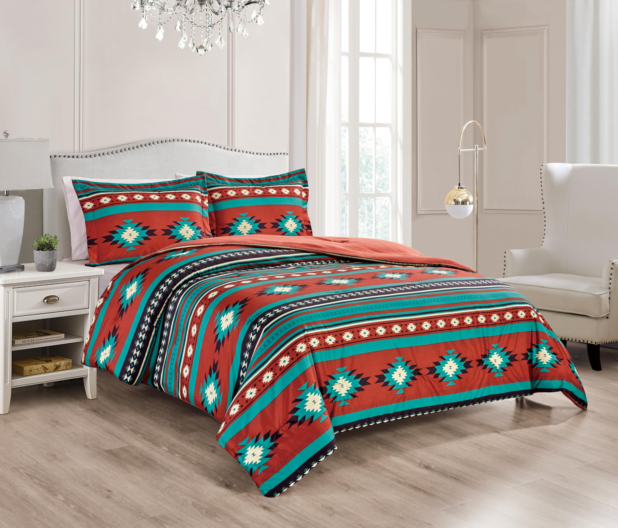 Chezmoi Collection3-Piece Southwestern Geometric Tribal Multicolor Red Teal Beige Comforter Set, Queen Size