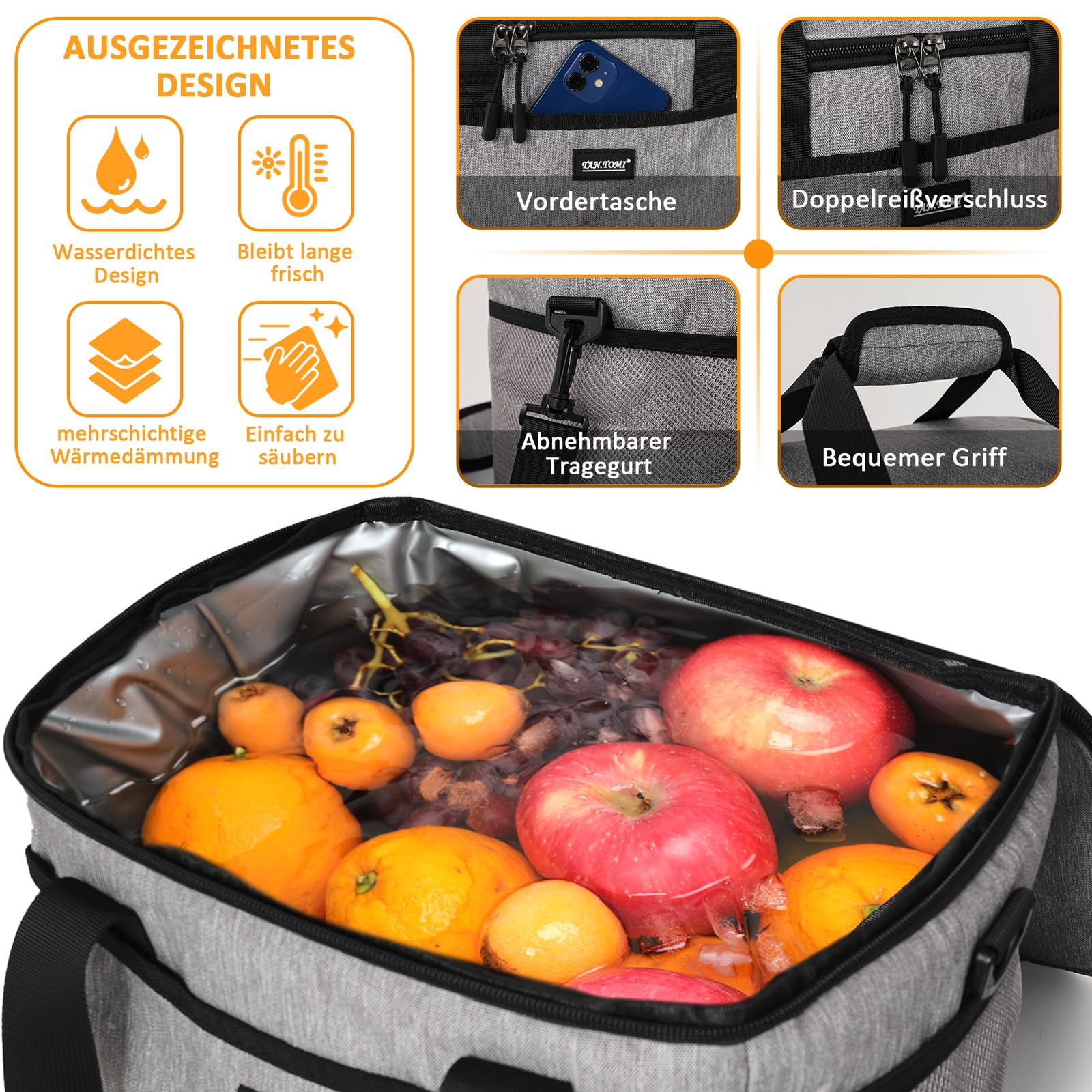 CALIYO Borsa termica da 15 l, pieghevole e portatile, con chiusura lampo, per uomo e donna, borsa termica per il pranzo, per lavoro, scuola, picnic, viaggi, 3 misure: 8,5 l/15 l/24 l (grigio)