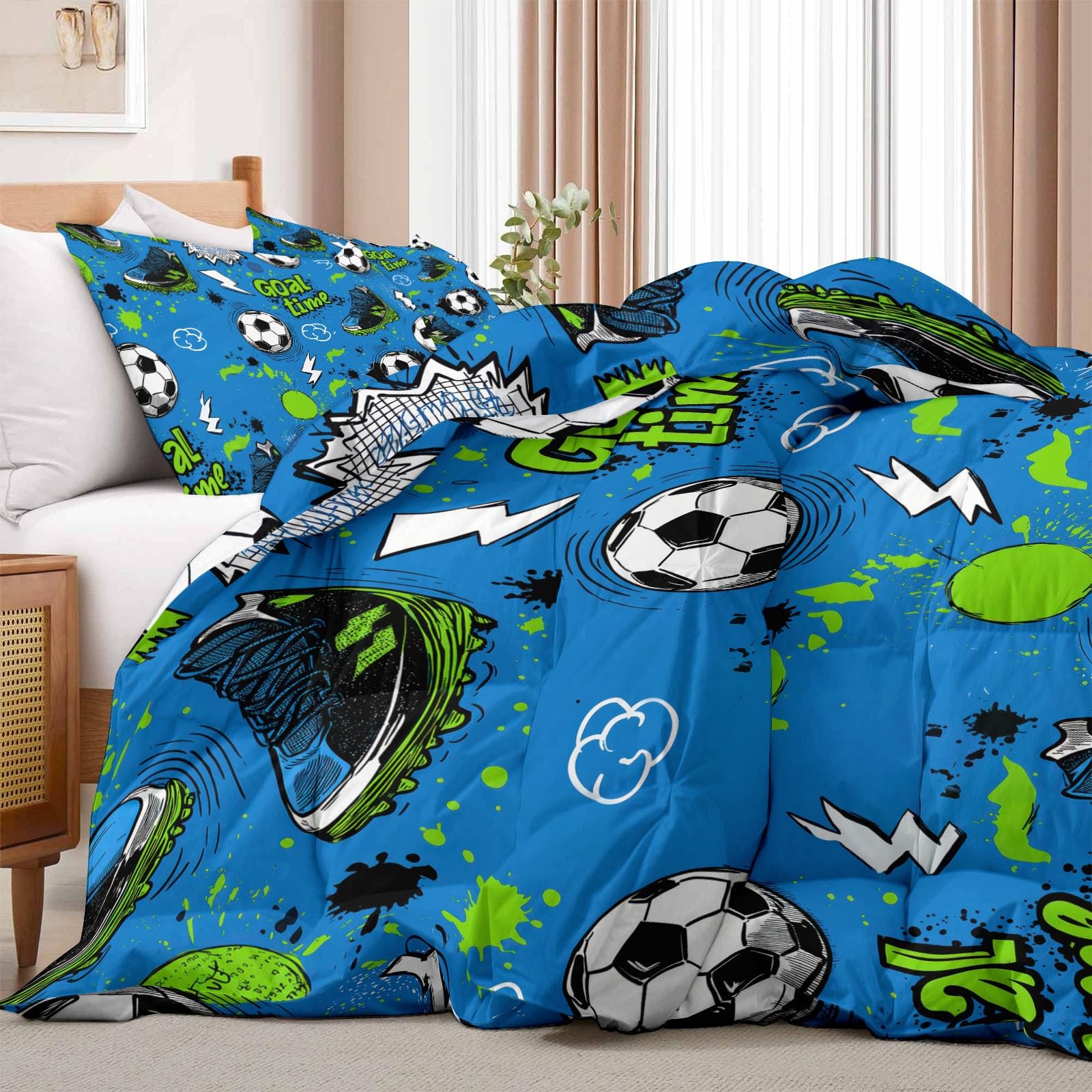 Trapunta 200 x 200 cm Contemporaneo Moderno Stampato Sport Blu Moderno Calcio Scarpe da Calcio Scopo 4 Stagioni per Letto 2 Persone, Edredon Reversibile Trapunta Legere, Senza Houss e 2 federe