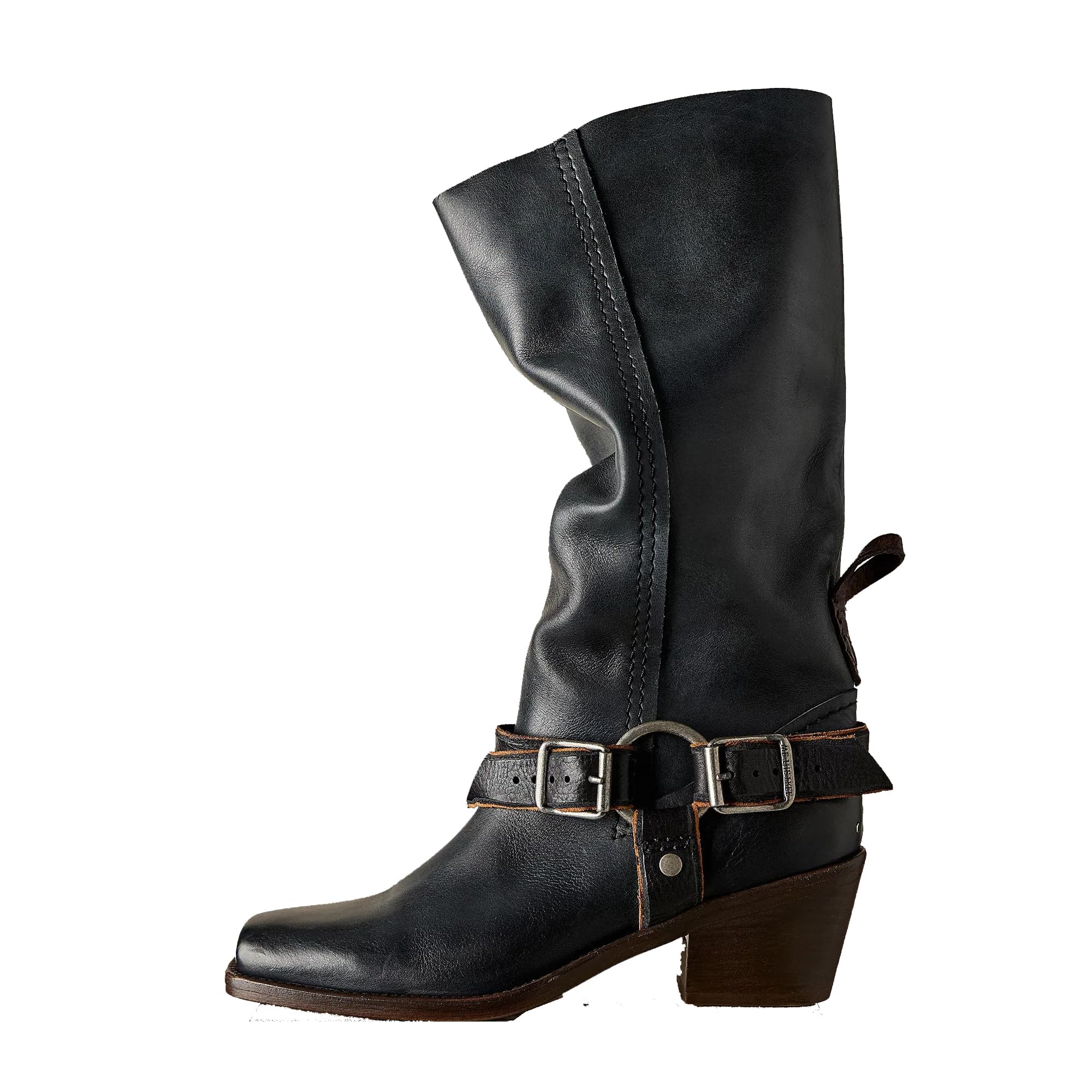 Arqa Womens Double Buckle Cowboy Boots Squared Toe Pull on Knee High Boots Fashionable Stacked Chunky Heels Booties