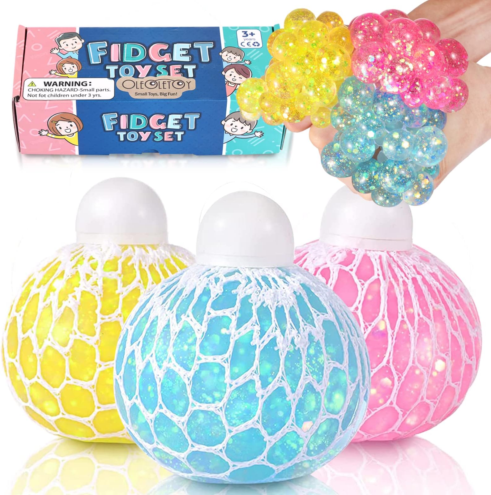 Stress Balls for Kids Bulk 3 Packs | Squeeze Mesh Glitter Grape Stress Balls Fidget Toy Set Soft Sensory Squishy for Adults Relaxing Toys to Help Anxiety Stress Autism Stocking Stuffers Ideal Gift