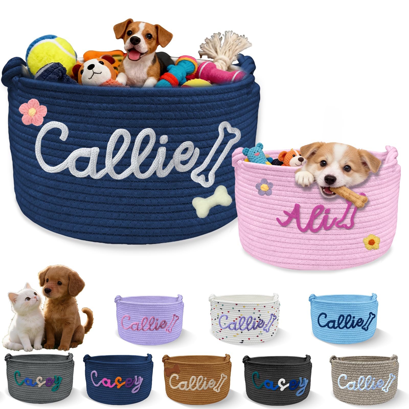Sastridft Personalised Dog Toy Basket with Embroidery Name Custom Cotton Rope Pet Storage Bin for Toys Treats Large Capacity Storage Bin with Handle Home Organizer & Pet Gift