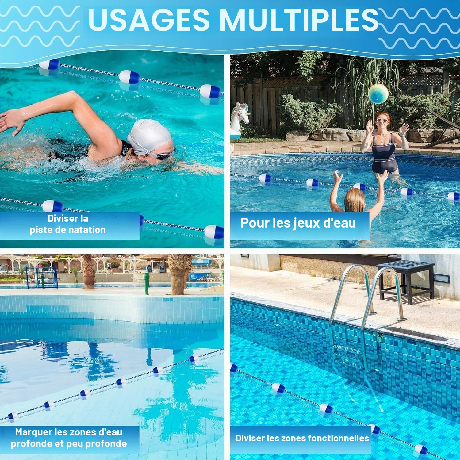 Ligne de sécurité Flottante de 10 m (32,8 pi) pour Piscine, avec bouées flottantes Bicolores, idéale pour Les piscines de Jardin et Les bassins d;agrément.