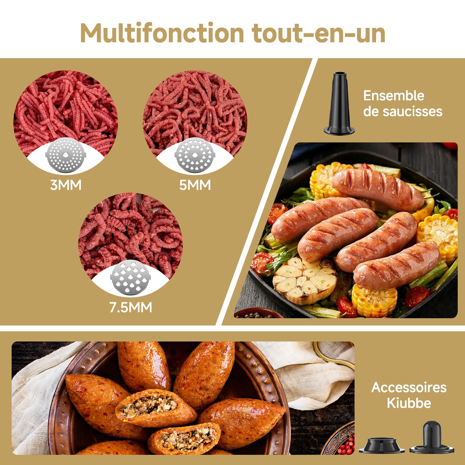 Hachoir a viande AOBOSI 3-en-1 Hachoir à viande électrique avec 3 plaques de coupe en inox, 1 Kubbe et 1 tubes de remplissage pour saucisses, moteur [3000w Max], Hachoir avec 2 lames.
