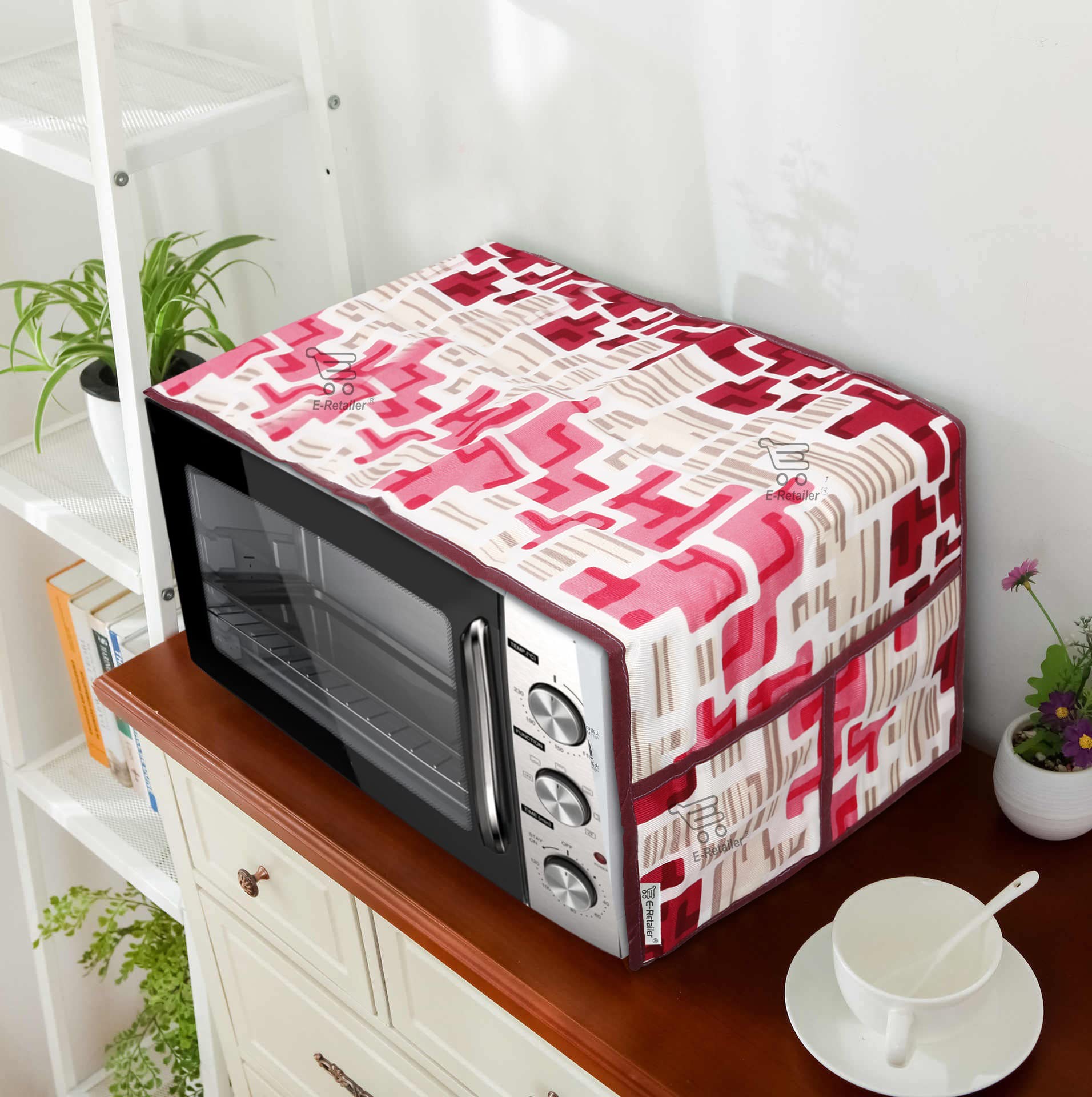 E-Retailer 3-Layered Polyester Microwave-Oven Top Cover with 4 Pockets (Red,36 x 14in)