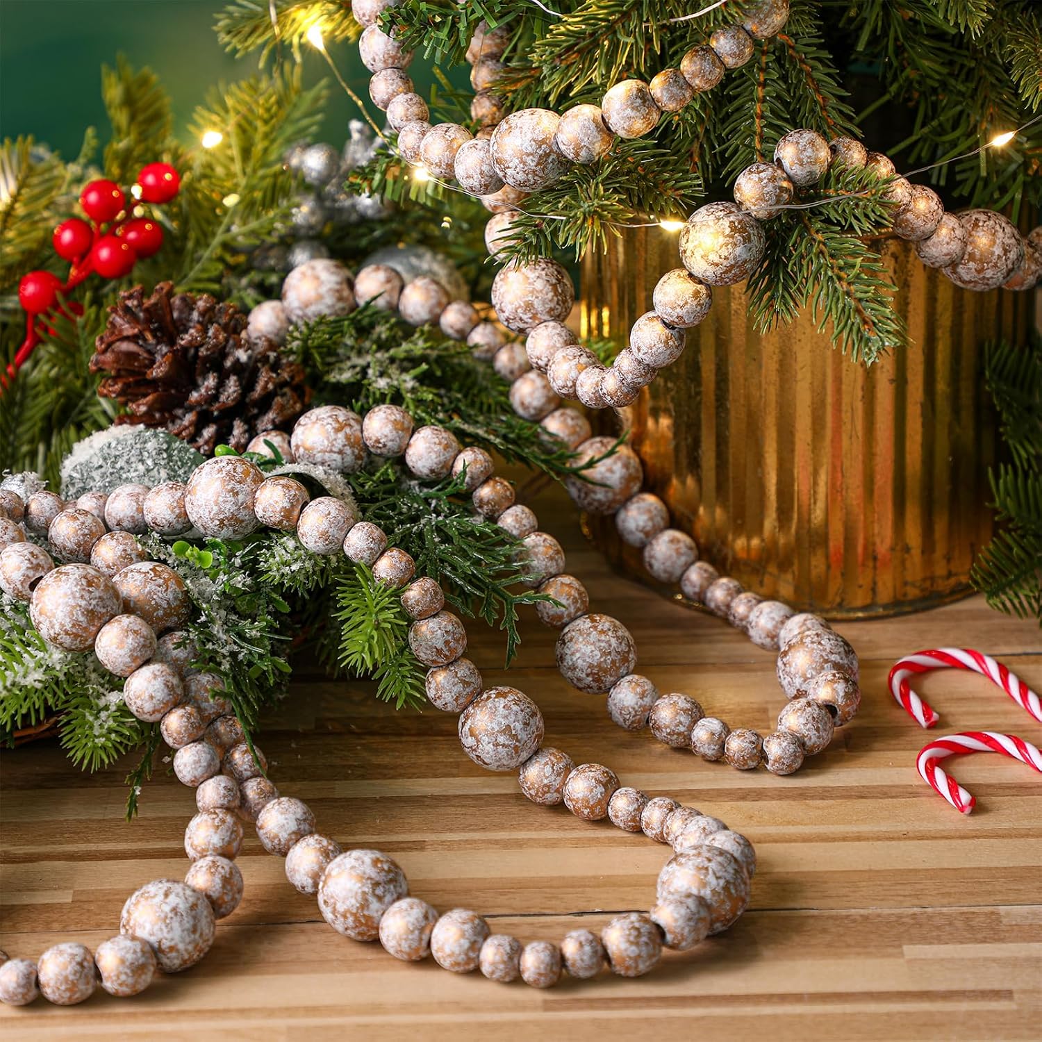 Equsion 2 Pcs 13.7 Feet Christmas Wooden Beaded Garland for Tree Boho Decorations Wall Hanging Farmhouse Home Decor Rustic(Gold, White)