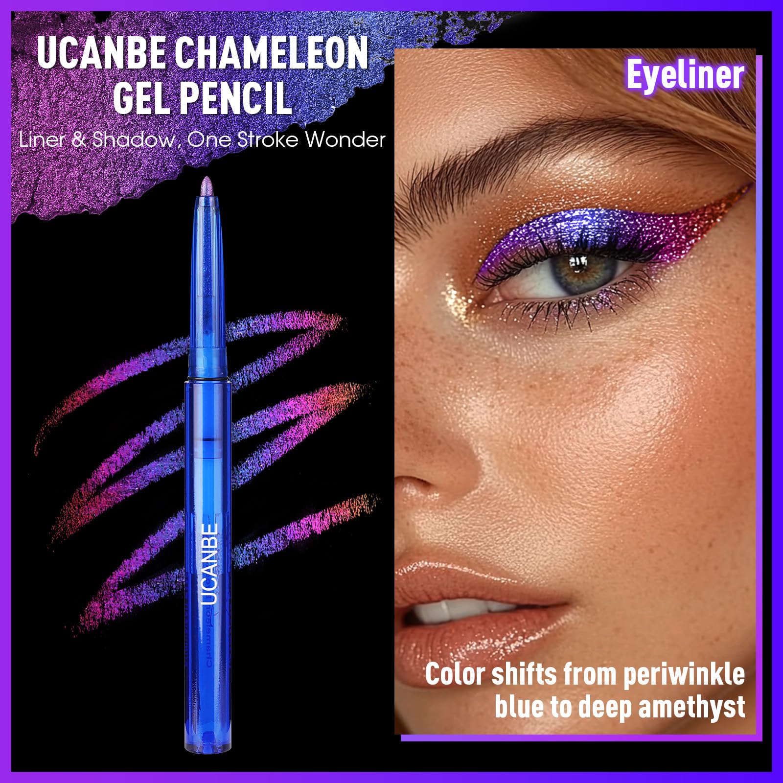 UCANBE Chameleon Eyeshadow & Eyeliner Gel Pencil-Multichrome Shifting Colors Metallic Glitter Eye Makeup,Waterproof Long-Lasting Smudge-Proof Multi-Dimensional Color (Periwinkle Blue to Deep Amethyst) - Image 3