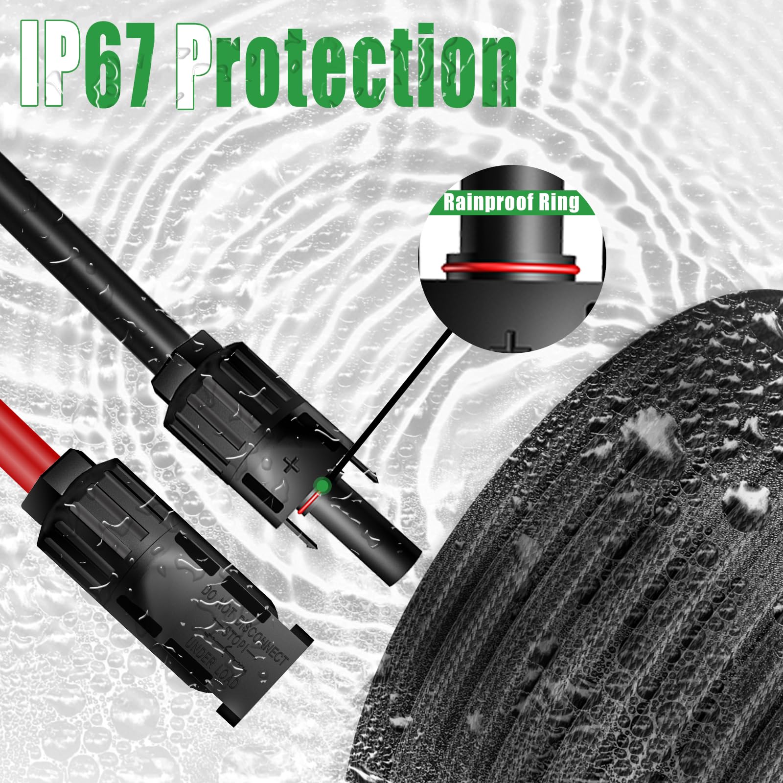 Cable de extensión solar de doble cable de 50 pies de 10 AWG con conector hembra y macho IP67, incluye cuatro pares de herramientas de adaptador de panel solar (6 pares de conectores)