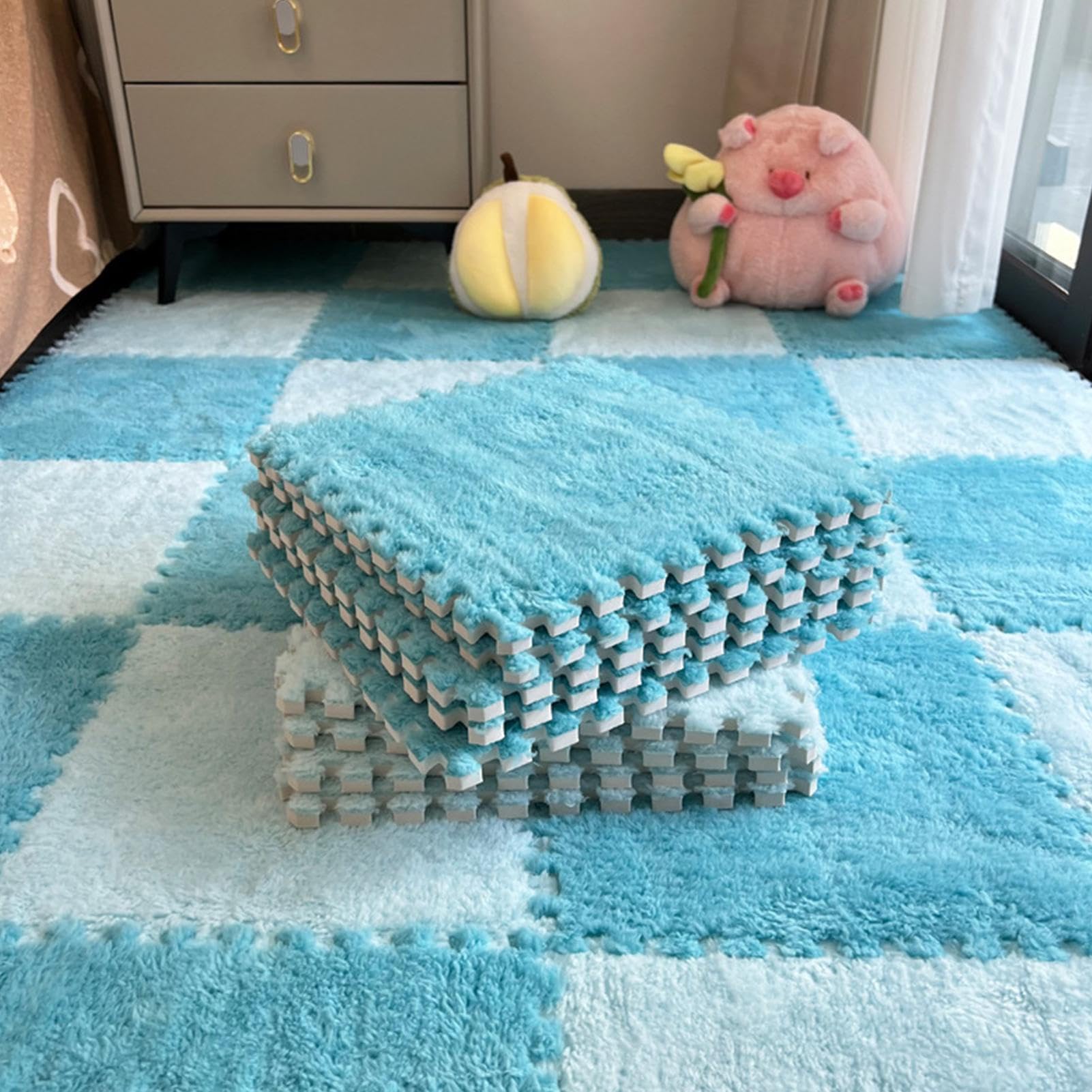 Schaumstoff-Puzzle-Matte, 30 cm, Plüschschaum-Fliesen, quadratischer Puzzle-Teppich, schneidbarer, modularer Teppich, weiches Spiel, gepolsterter Interlock-Bodenbelag für Schlafzimmer, Kinderzimmer