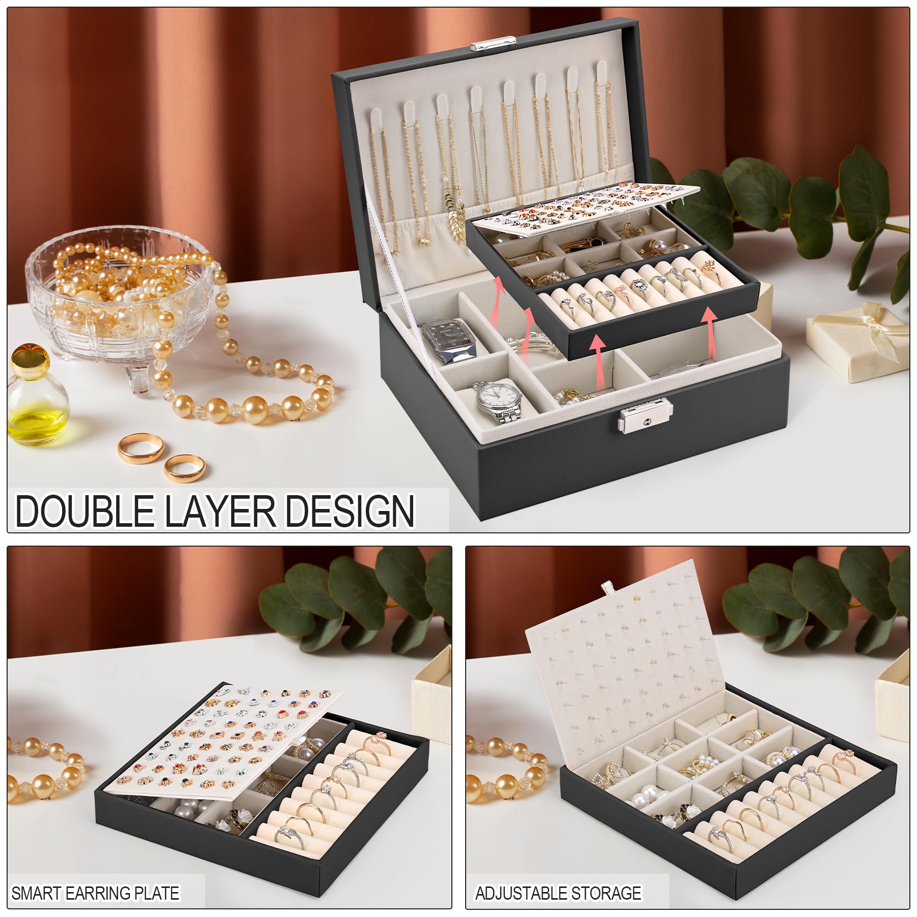 Sofore Portagioie Donna Porta Gioie Portagioie Bambina Grande Porta Gioielli Bambina a 2 Strati in Pelle PU Portagioie Donna da Camera Organizer Gioielli Storing Jewelry Earrings Anelli, Nero Perla