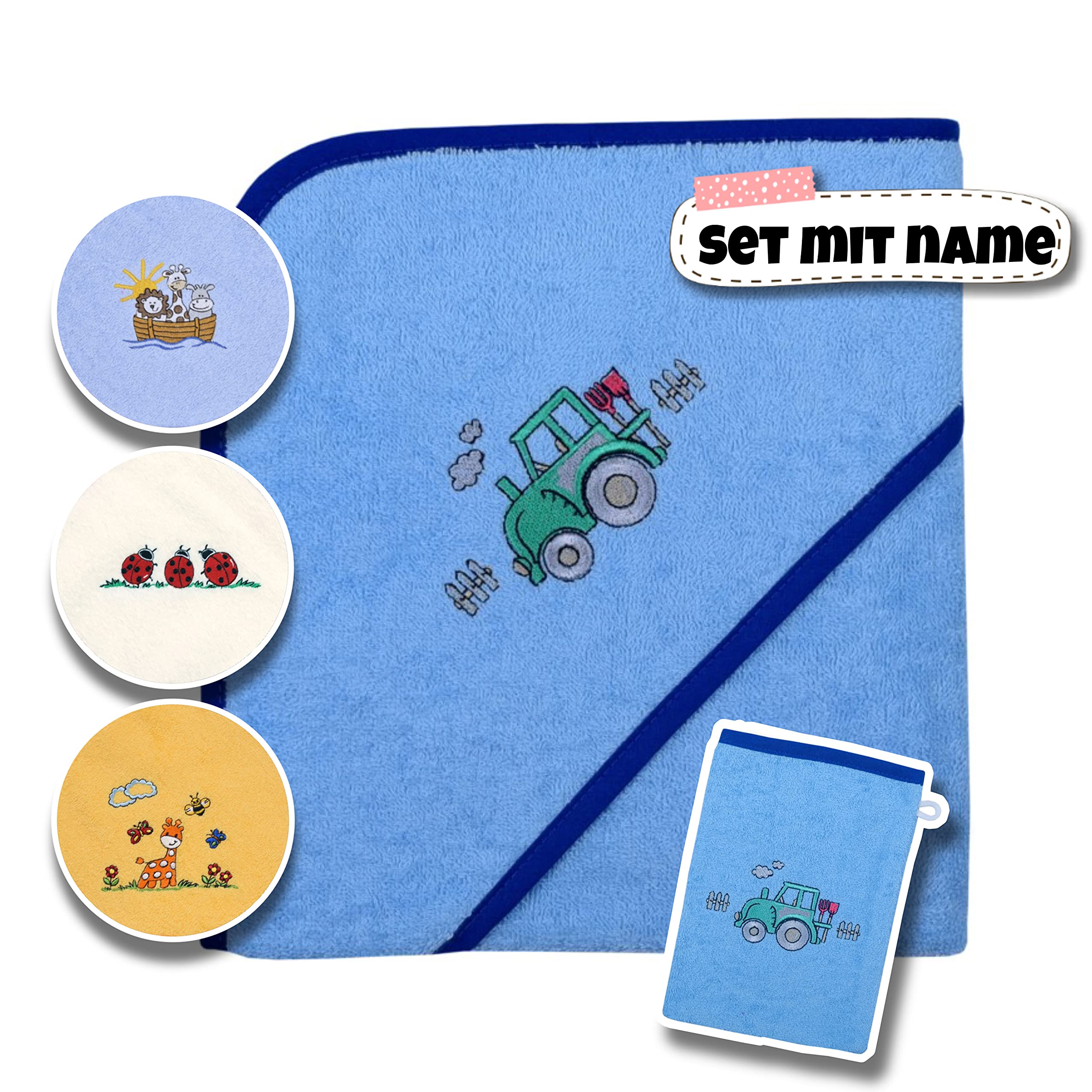 Baby Kapuzenhandtuch Set mit Waschlappen | Baby Handtuch 80 x 80 cm Kapuzenbadetuch | personalisiert mit Name | Baby Badetuch Bestickt mit Namen | Jungen Mädchen (Blauer Traktor)