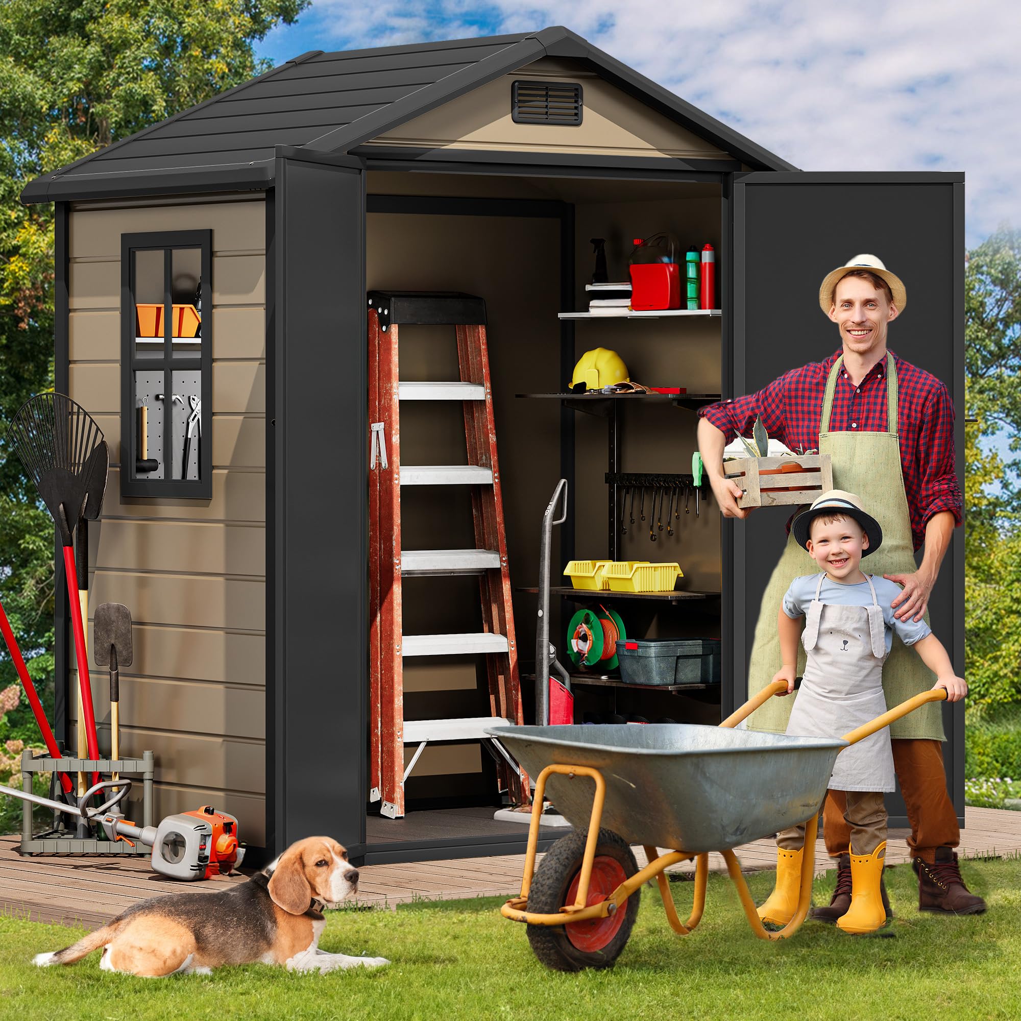 DWVO 6x4 FT Outdoor Resin Storage Shed with Reinforced Floor, All-Weather Bike Storage Shed with Lockable Door, Window and Vent, Waterproof Plastic Tool Storage for Garden, Backyard, Patio, Lawn,Brown — view 2