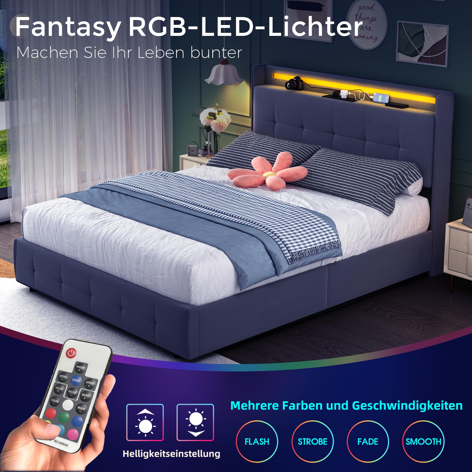 Letto Matrimoniale 180x200 Con LED E USB | 4 Cassetti Contenitore | Testiera Imbottita Regolabile Beige - Foto 13