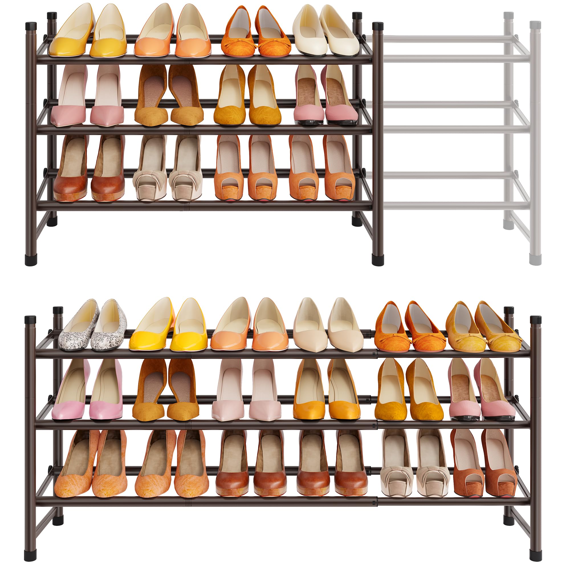 Tajsoon Expandable Shoe Rack for Closet 3 Tier, 28“-41“Stackable, Bronze