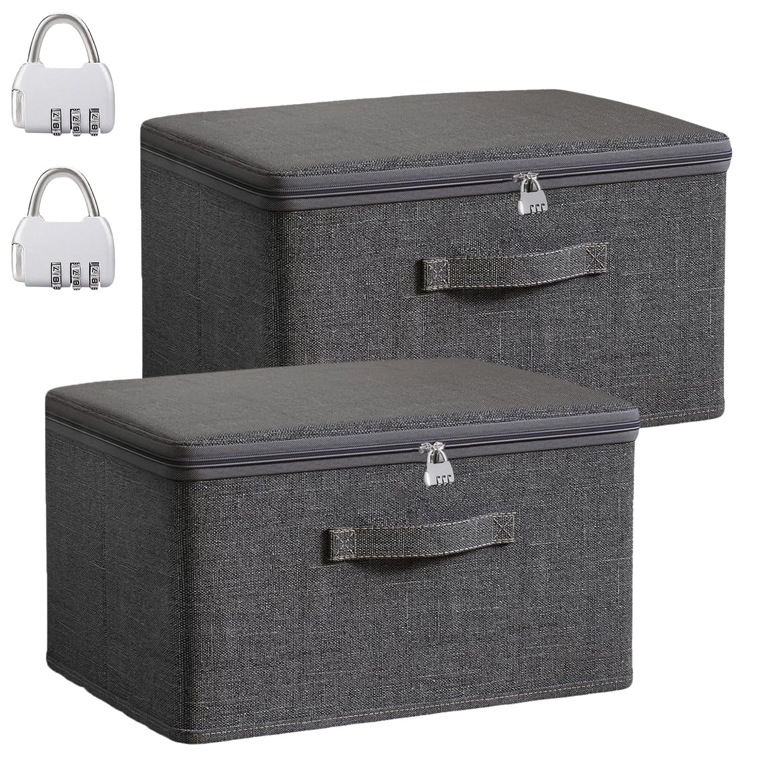 Xtrillogen 2 Pack Lockable Storage Boxes,Premium Grey Fabric Storage Boxes with Lids,Foldable Clothes Organiser Set,Solution for Blanket,Comforter,Bed Sheet and Toy(M)