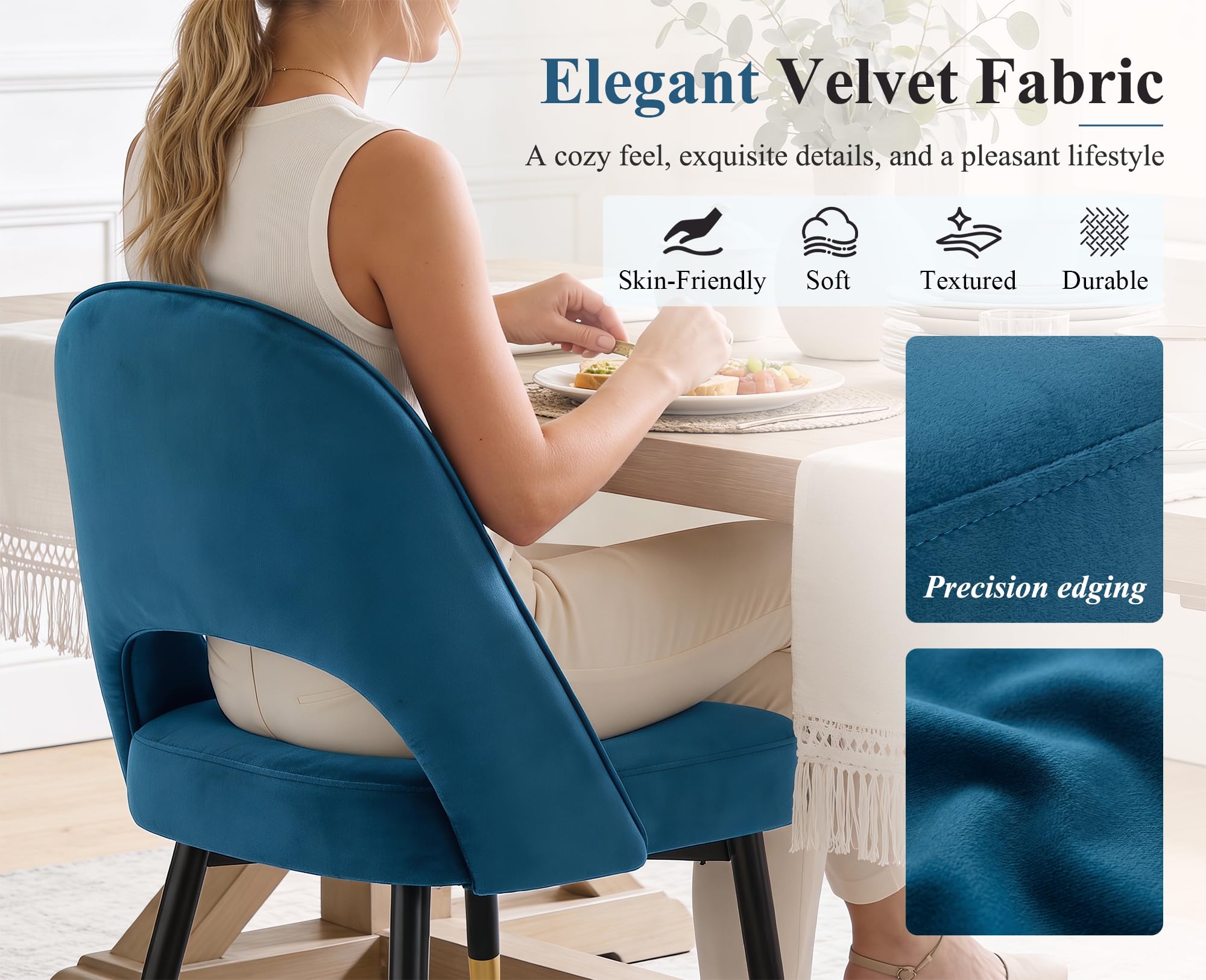 Ya-Home Set di 2 Sedie da Pranzo in Velluto con Gambe in Metallo, Blu | Sedia da pranzo moderna con gambe in metallo, sedia da cucina con cuscino imbottito e schienale design