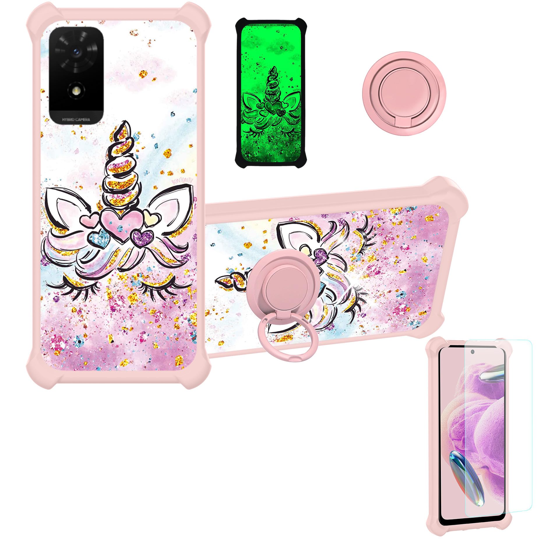 jioeuinly Case Compatible for TCL K24 Phone Case Cover [with Tempered Glass Screen Protector][Hard PC + Soft Silicone][Ring Support] [Gold Glitter+