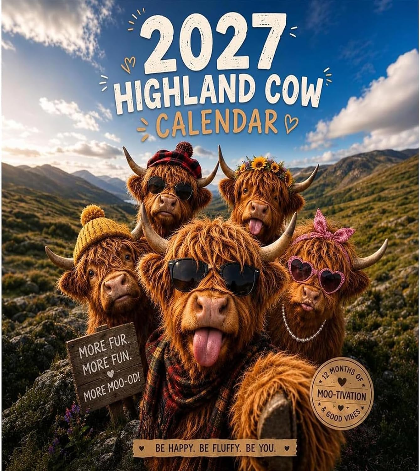 2027 Funny Highland Cow Wall Calendar,12 Month Hanging Calendar with Cow Animal Design,Farmhouse Decor Calendar A