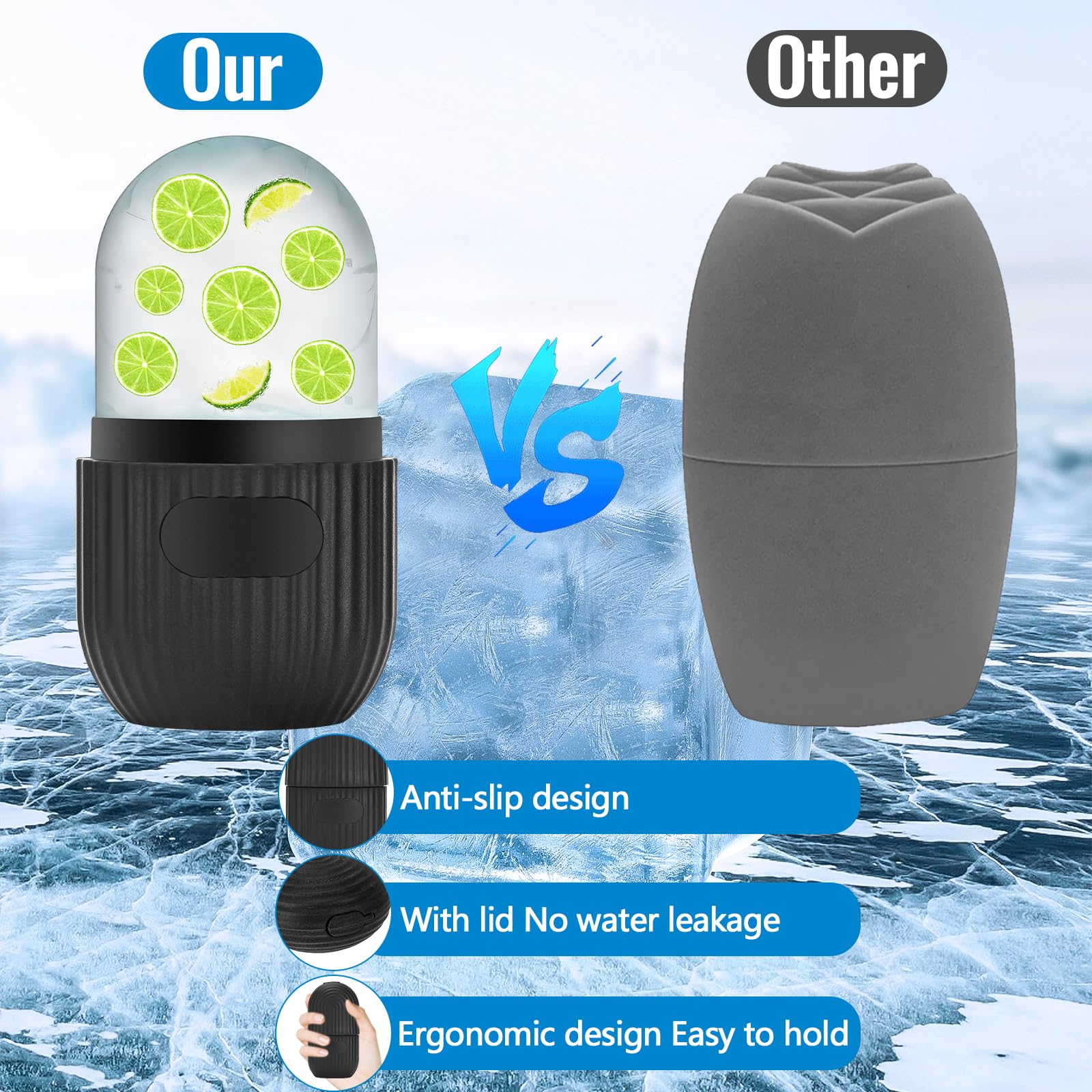 Ice Roller Facial, Hielo Para la Cara de Silicona, Reutilizable Rodillo Facial De Hielo, Rodillo Hielo Facial, Ayuda a Reducir Los Poros, Aliviar el Dolor, Masaje(Negro)