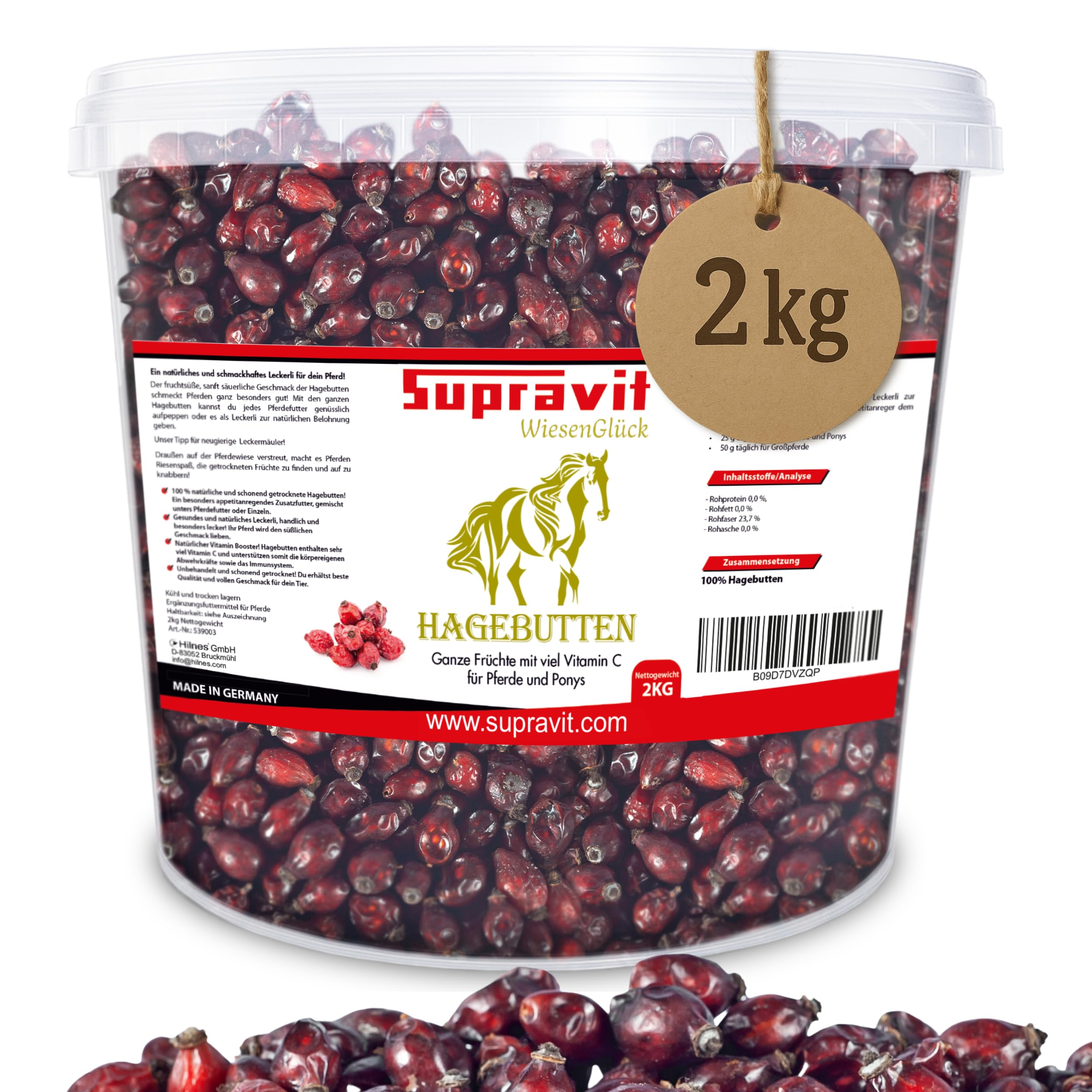 Supravit Hagebutten Pferd | Mit viel Vitamin C für Pferde und Ponys | 2kg Eimer I Ganze getrocknete Früchte - natürliche Pferdeleckerlis ohne Zucker | Erstklassige Qualität