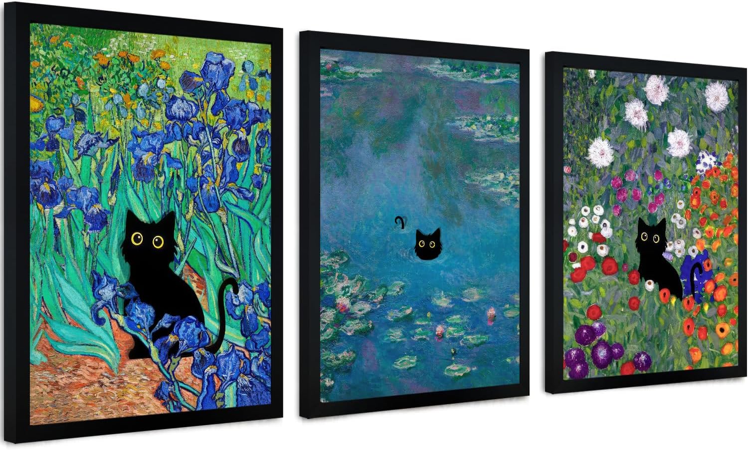 Fantasy Artists Cat Wall Art, 3Pcs Framed Monet Wall Art, Vintage Funny Black Cat in Water Lilies Poster Prints, Garden Flowers Cat Aesthetic Wall Decor for Bedroom Living Room Bathroom 12'' x 16''