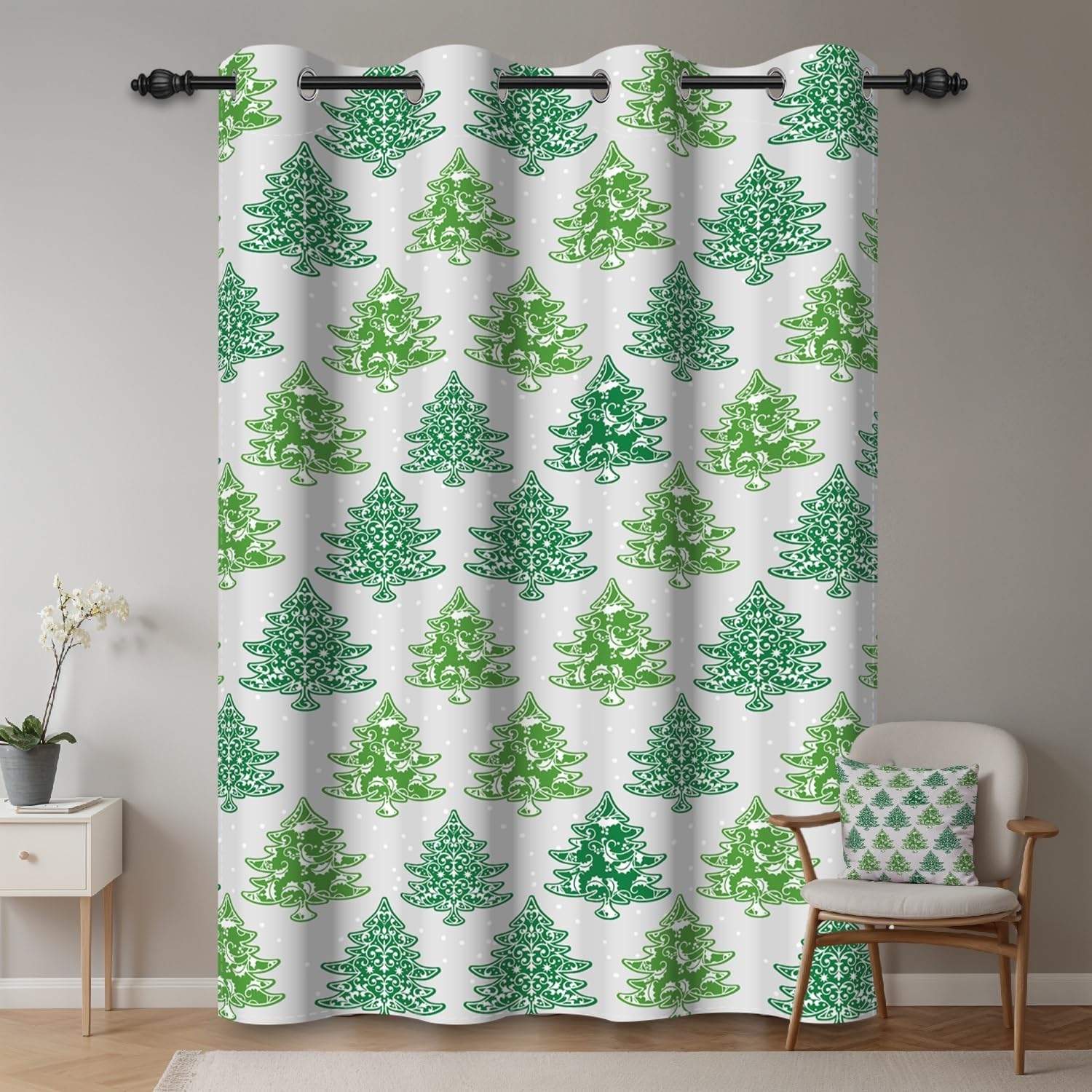 ggaimwf 42"x 63" Cartoon Trees Eyelet Curtain Green Snowy Tree Winter Geometric Grommet Room Dividers Blackout Window Drapes for Christmas Decoration Girls Boys Bedroom Living Room,1-Single Panel - Image 2