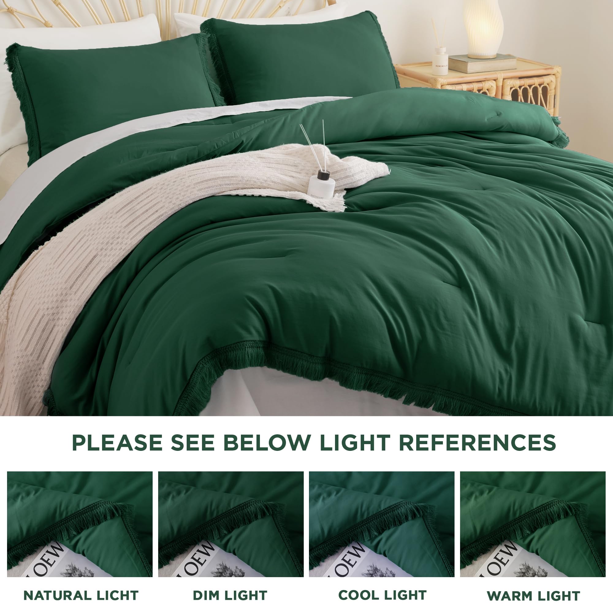 Litanika Queen Size Comforter Set Emerald Green, 3 Pieces Forest Green Boho Tassel Bed Comforter, All Season Oversized Bedding Comforter Sets (1 Comforter 90x90 inch, 2 Pillowcases)
