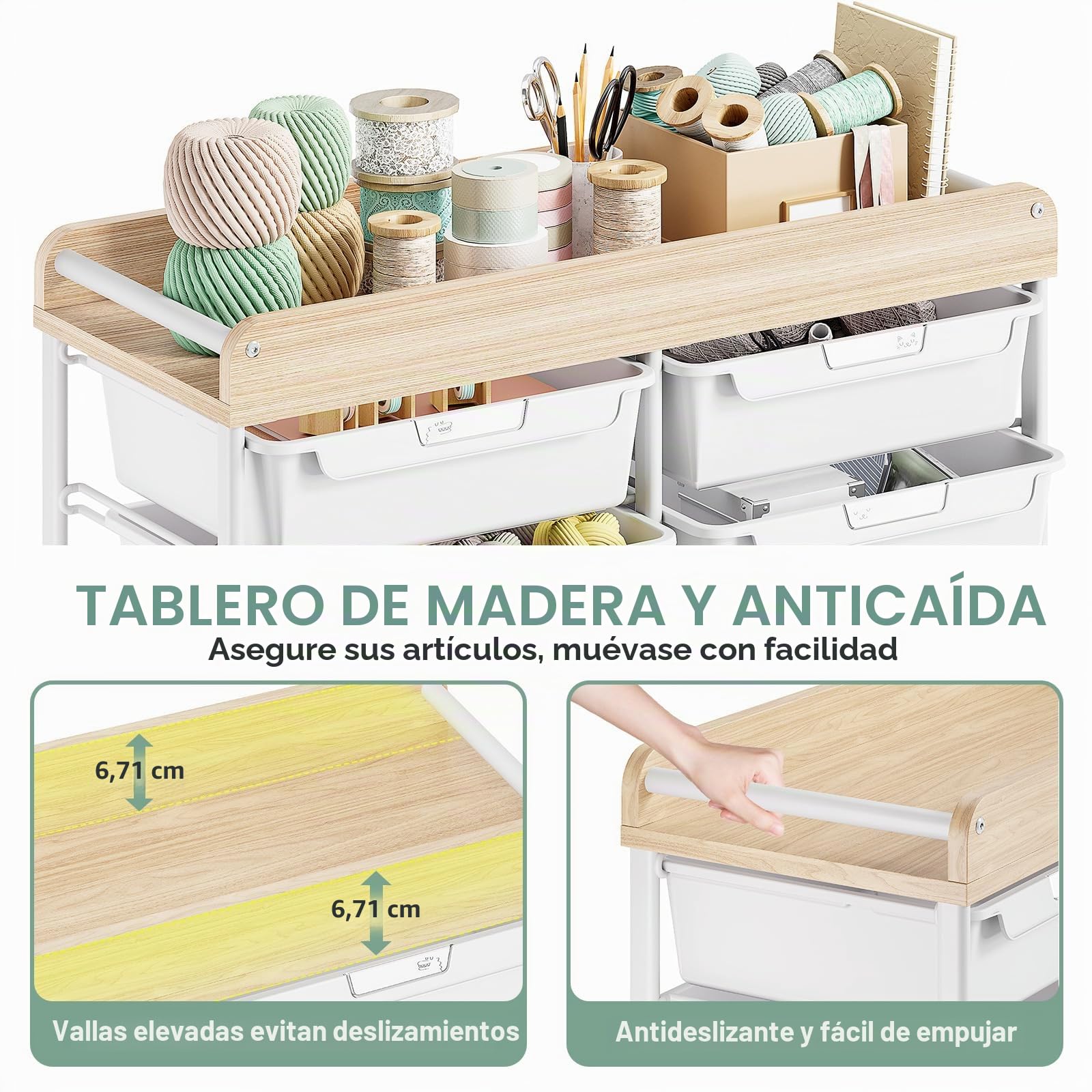SYKIARIOL Carro de baño con 10 cajones y encimera de madera, verde | Carrito de manualidades con ruedas, estructura de acero, carrito de almacenamiento para baño, cocina, salón y dormitorio