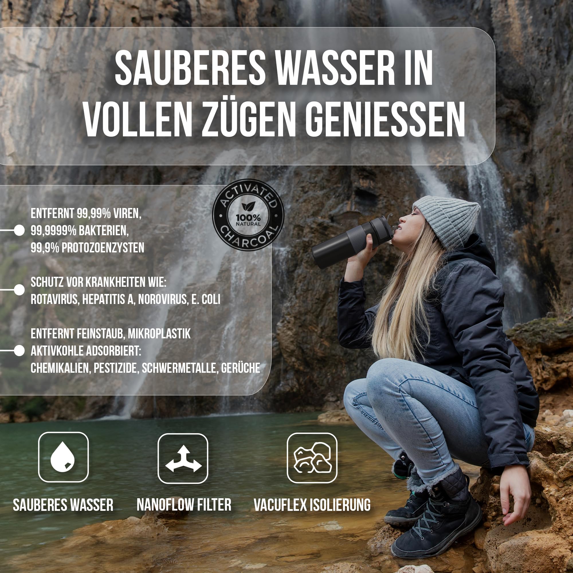 SURVIVO® Wasserfilter Outdoor Flasche [660ml] Trinkflasche aus Edelstahl mit entnehmbarem Filter, 4000l Filterkapazität, Camping, Wandern, Survival, Reisen – sicherste Ergänzung zur Outdoor Ausrüstung