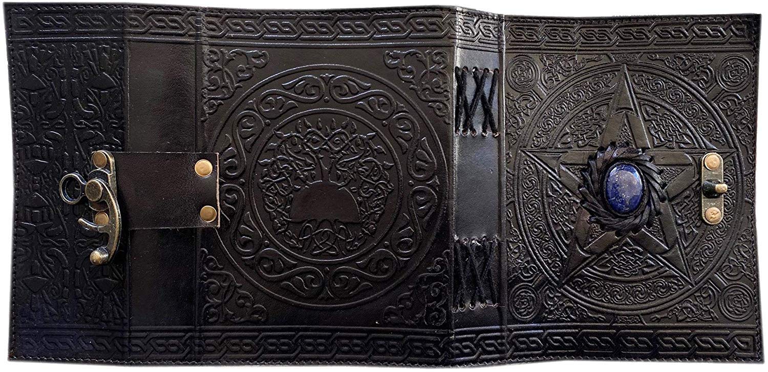 Wiccan leather journal black pentagram embossed blank spell book of