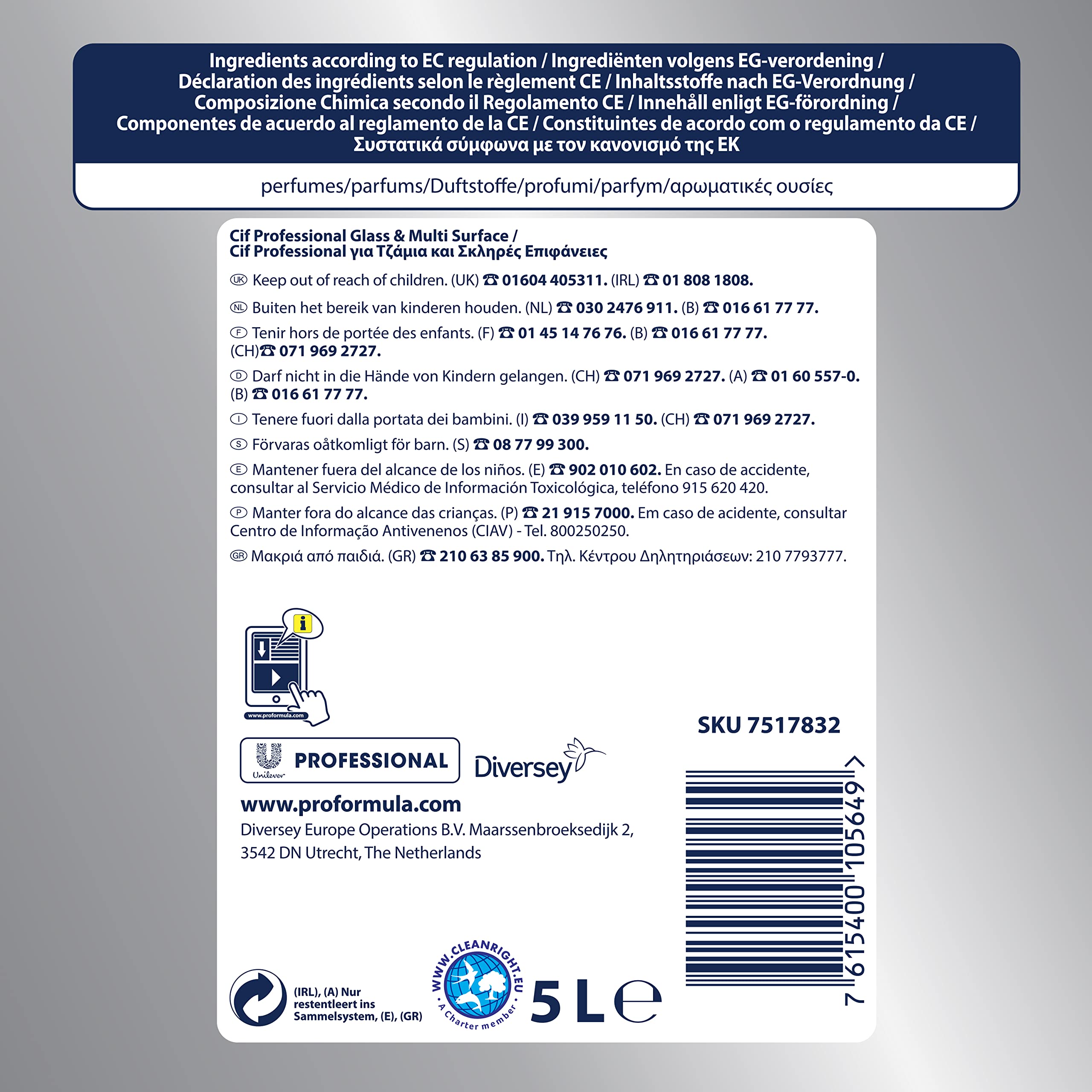 Cif Professionnel Nettoyant Fenêtres et Multi-Surfaces, 5 Litre