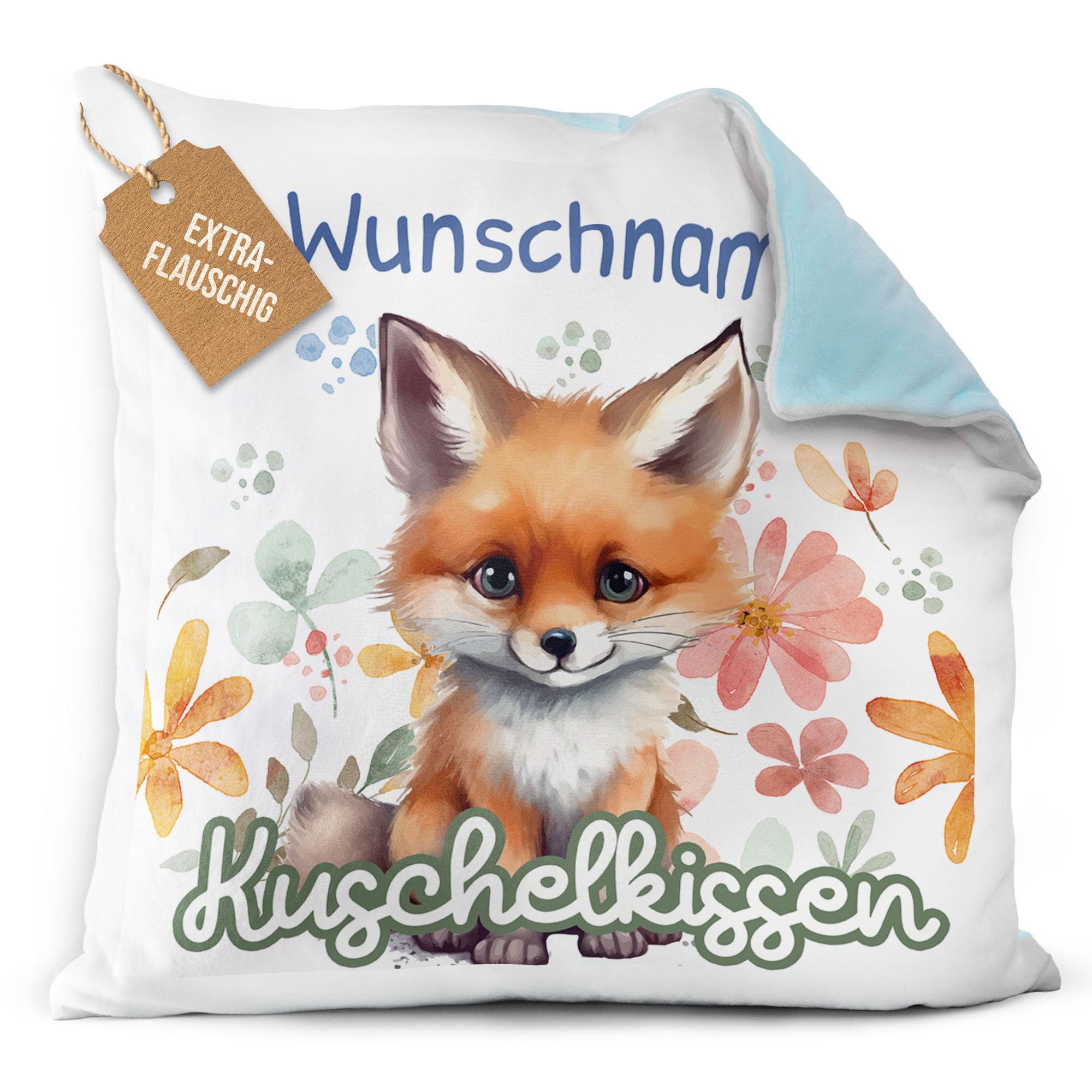 Print Royal PR Flauschiges Kuschel-Kissen für Kinder mit Füllung mit Name selbst gestalten - Fuchs Kissen für Mädchen und Jungs, Kinderkissen mit Name | 40 x 40 cm, Rückseite Hellblau Flauschig