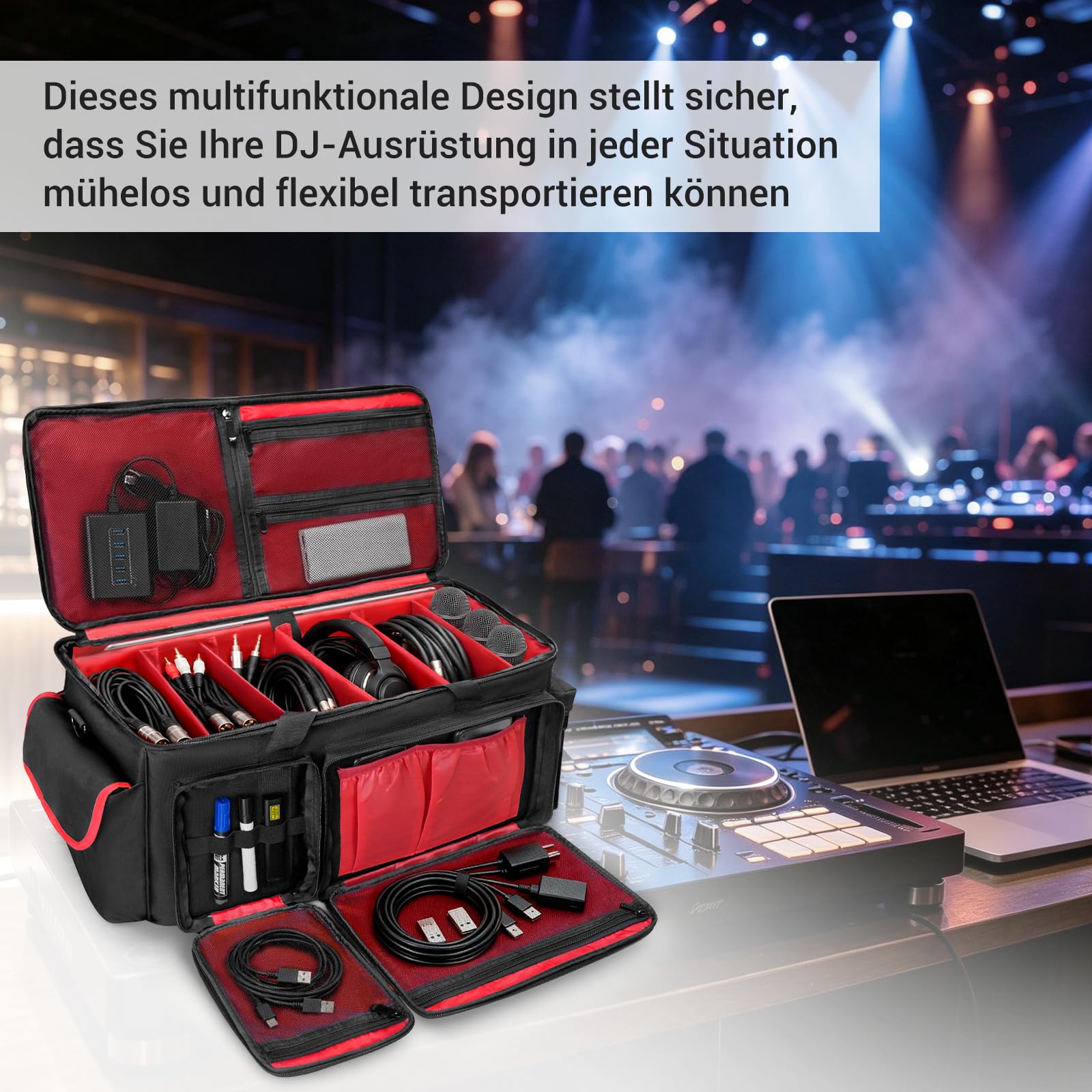 SUNDOY Organizador de equipos de audio, organizador de cables de DJ con 6 divisores ajustables, bolsa impermeable para micrófonos, cables, mesa de mezcla, portátil y accesorios de audio, Negro , L