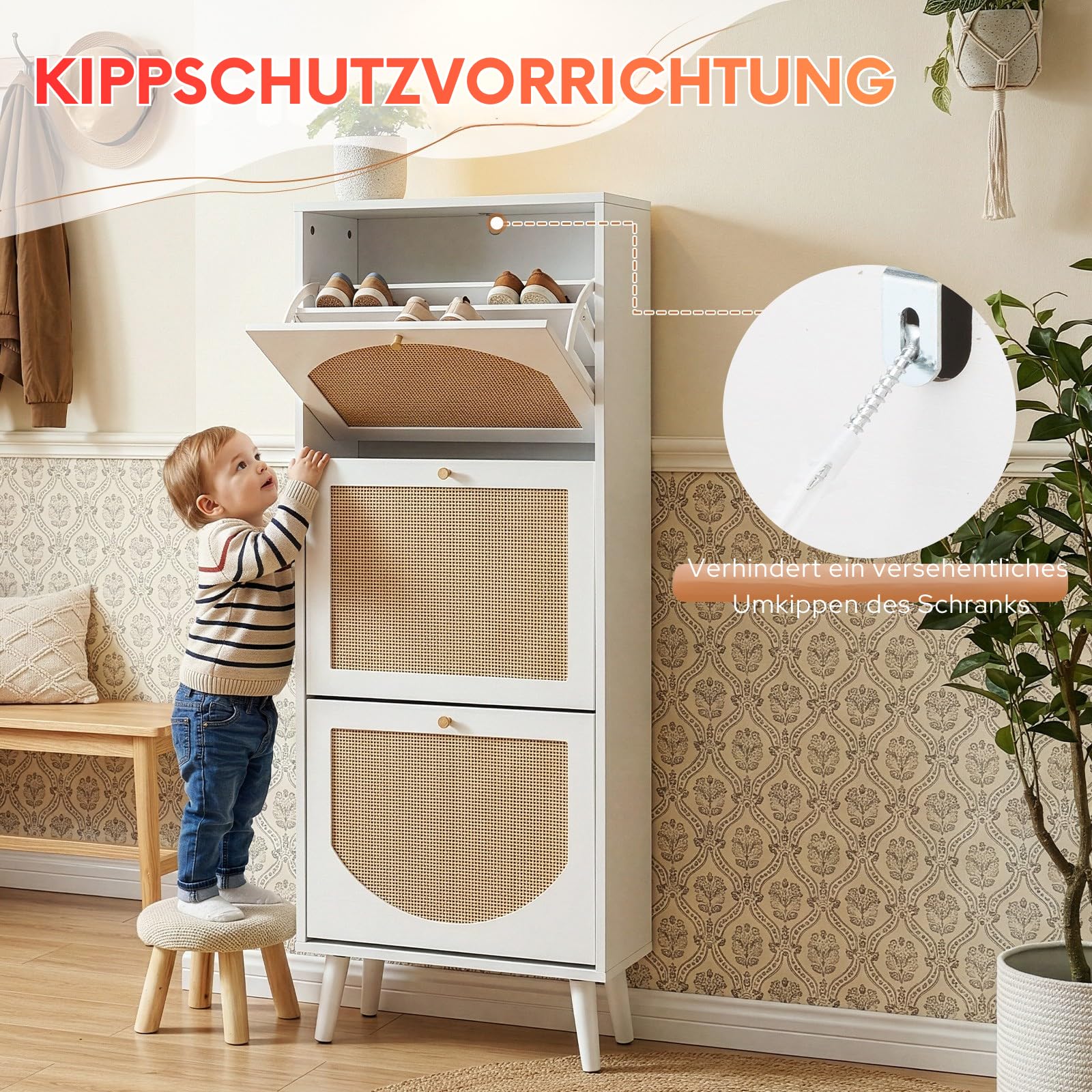 Schuhschrank Schmal, Schuhregal mit 3 Klappen, Schuhkipper Weiß