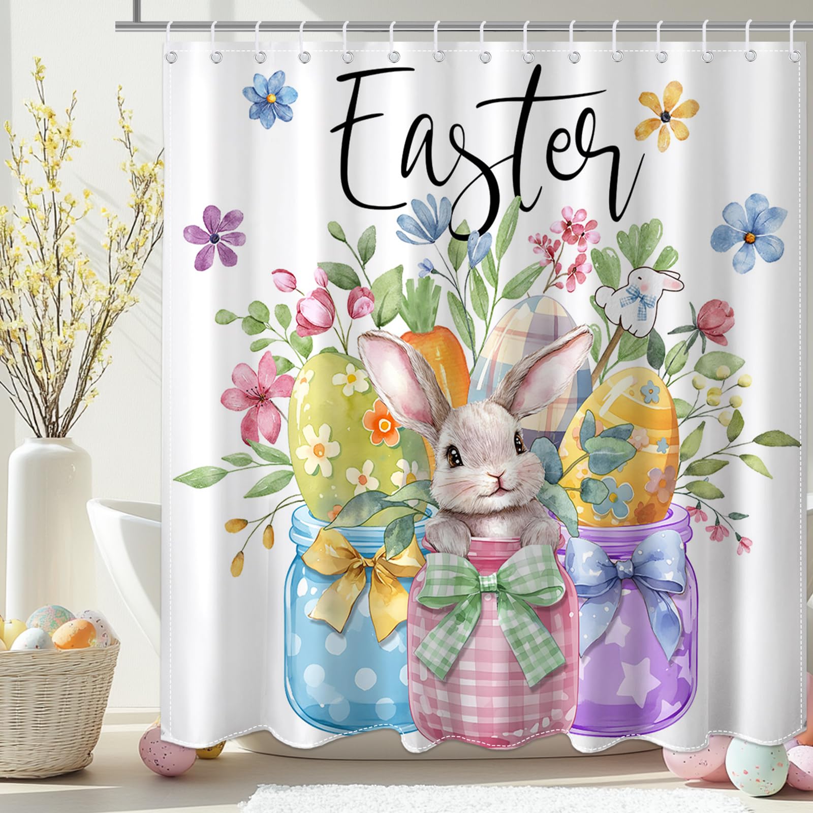 Amazon.com: Mocsicka Easter Shower Curtain with 12 Hooks Spring Floral ...